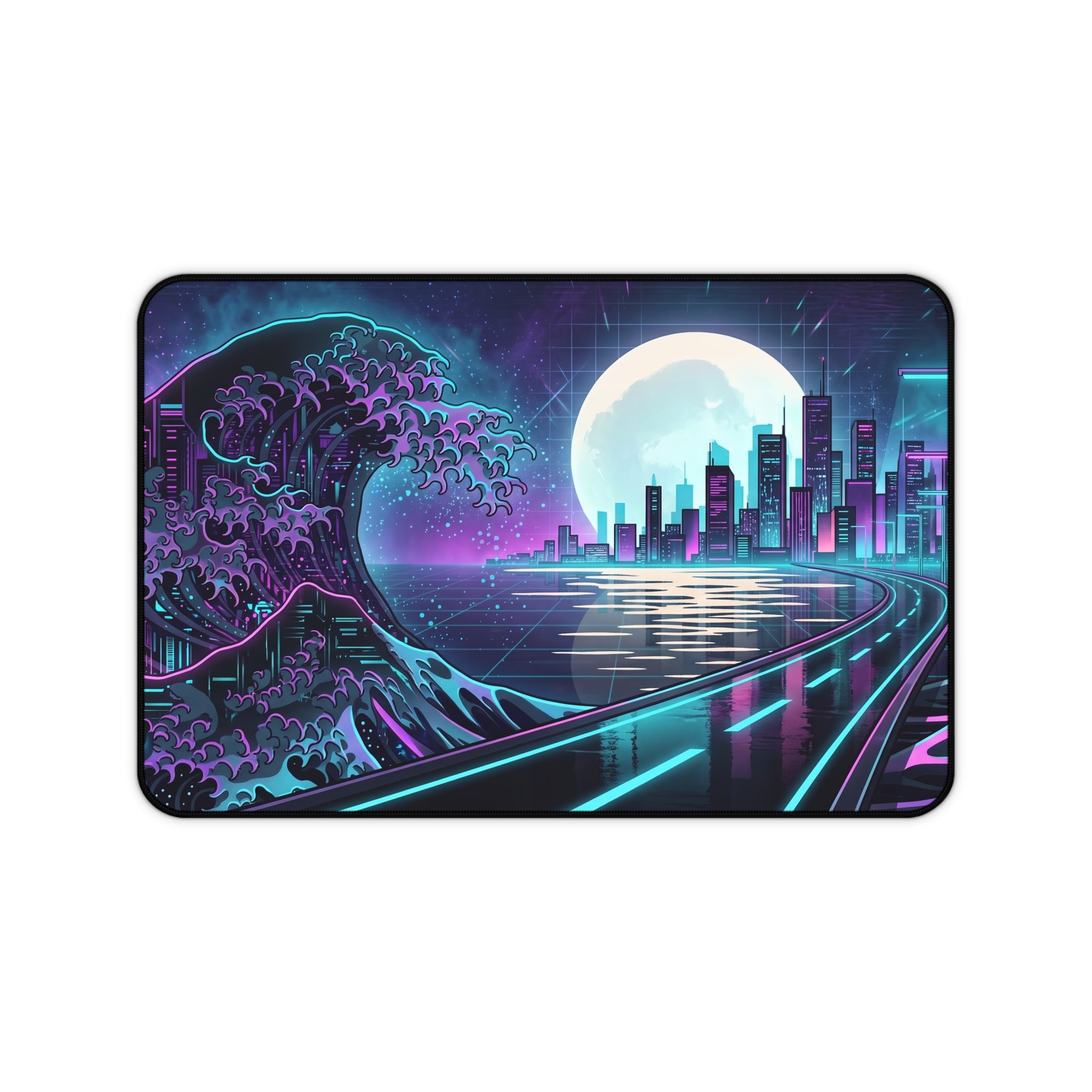Neon Synthwave Great Wave Desk Mat Cyberpunk Cityscape Gaming Pad