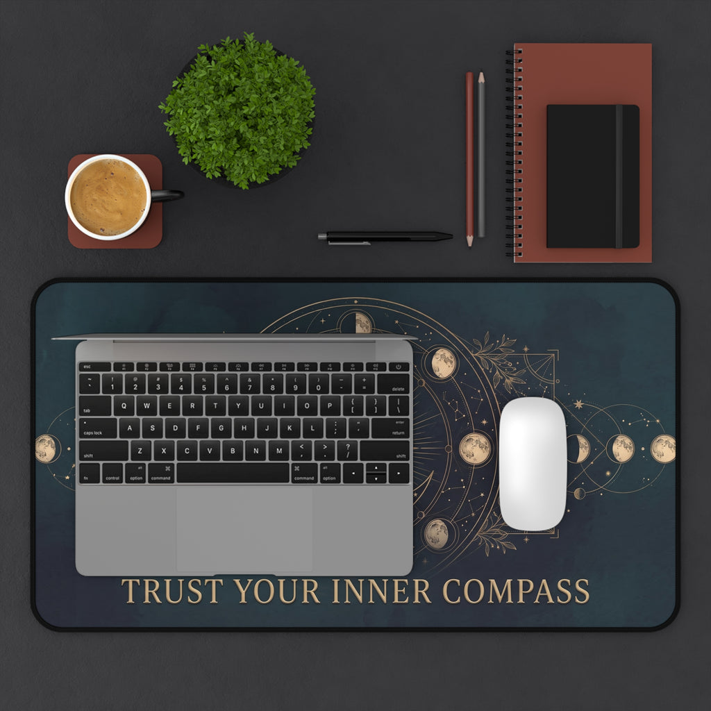 Mystical Celestial Desk Mat "Trust Your Inner Compass" Moon Phase Art | Dark Teal & Gold Neoprene Pad