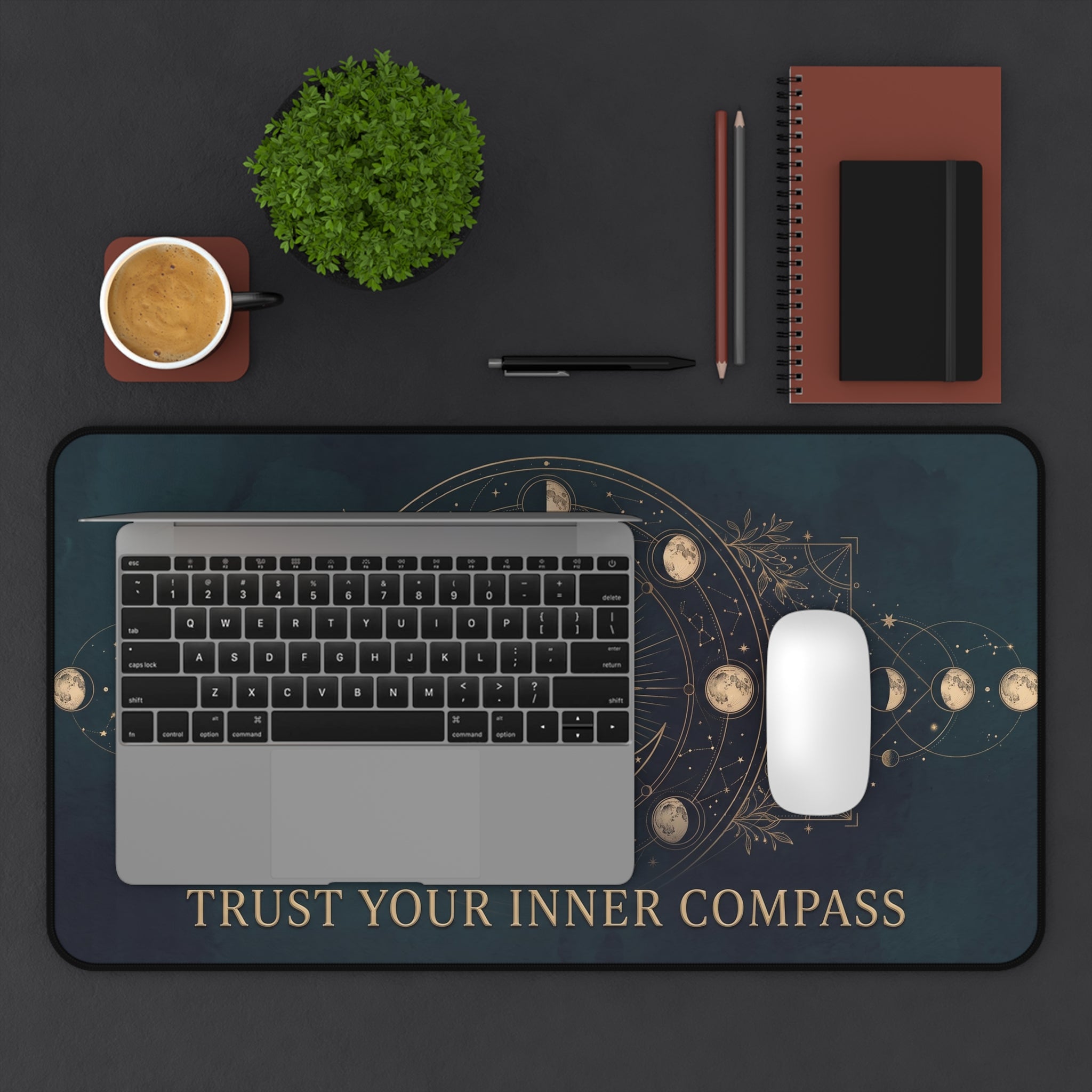 Mystical Celestial Desk Mat "Trust Your Inner Compass" Moon Phase Art | Dark Teal & Gold Neoprene Pad