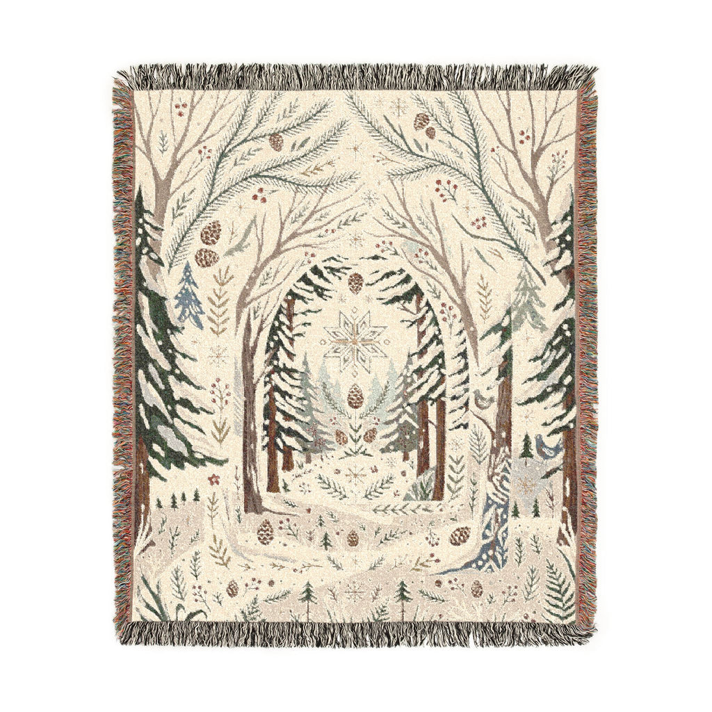 Nordic Folk Art Winter Forest Woven Throw Blanket Scandinavian Tapestry