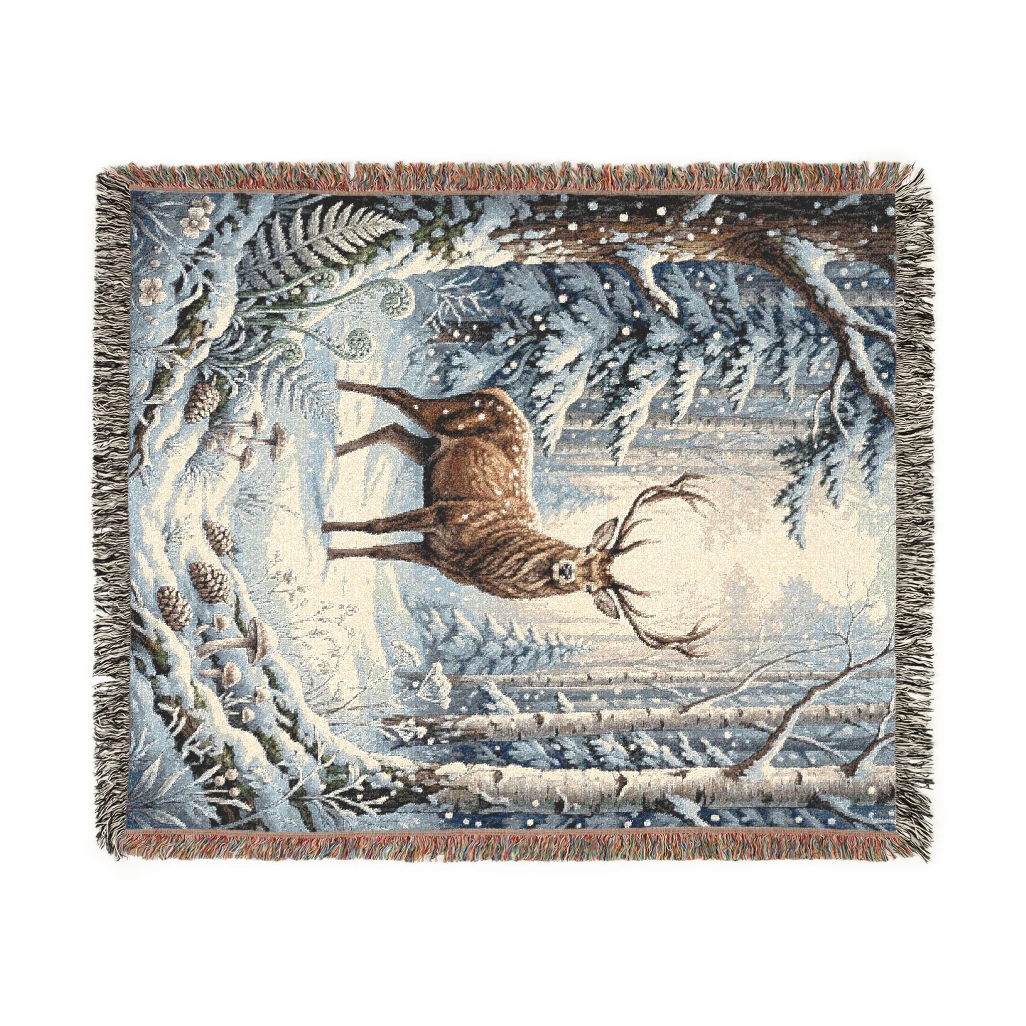 Winter Woodland Stag Woven Throw Blanket Rustic Snow Scene Tapestry