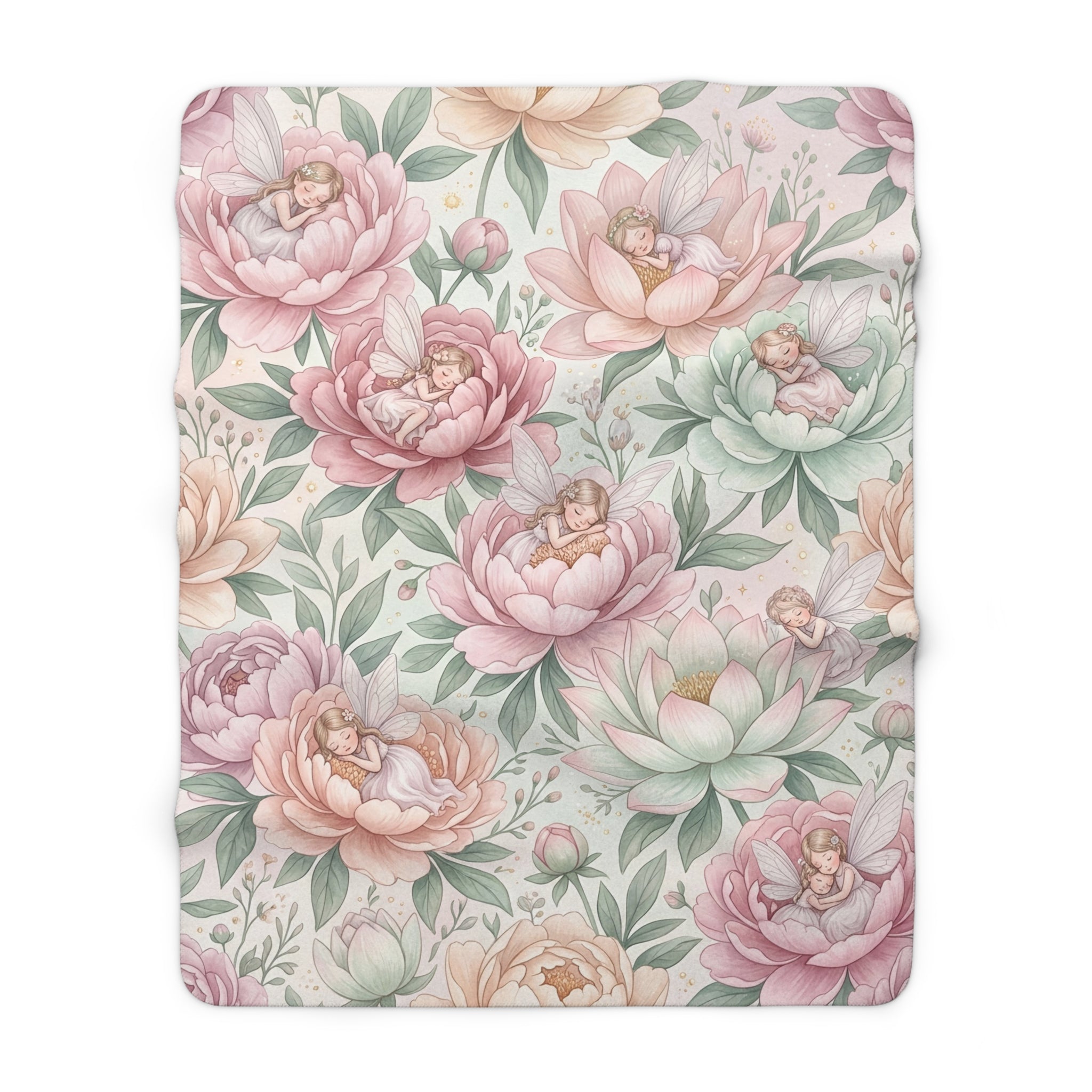 Watercolor Sleeping Pixie & Floral Sherpa Fleece Blanket Fairycore Nursery Throw