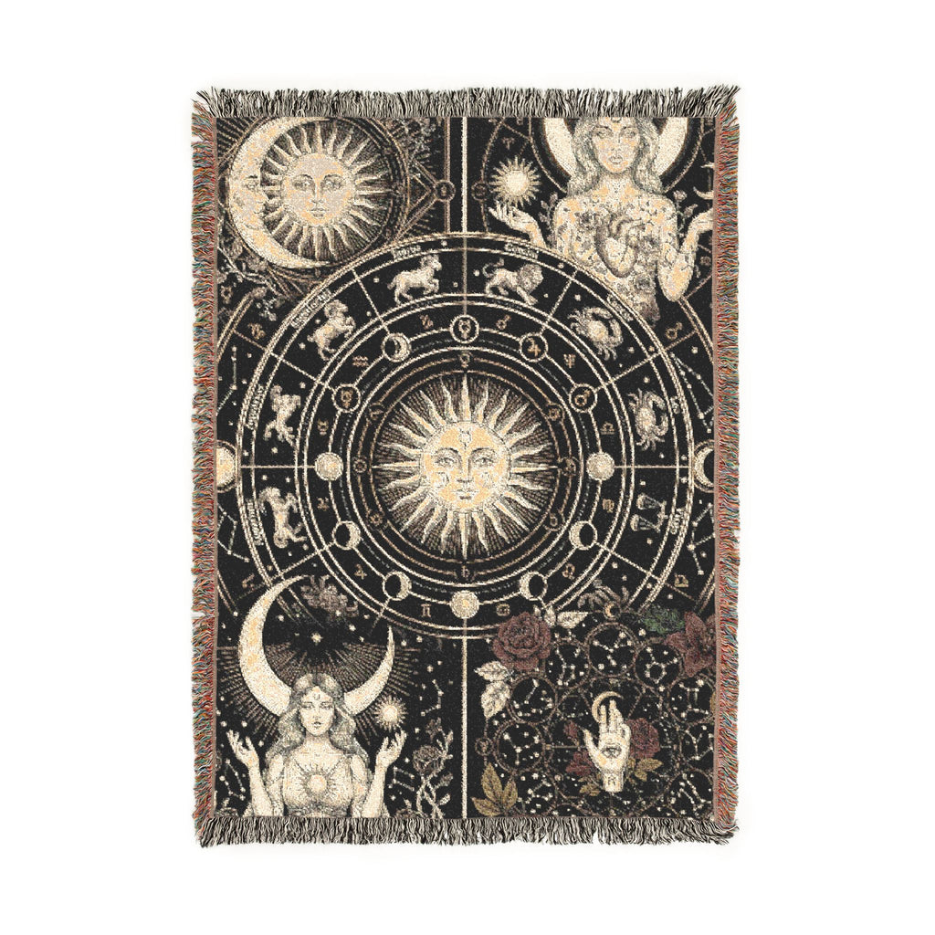 Vintage Celestial Zodiac Woven Throw Blanket Mystical Sun & Moon Tapestry