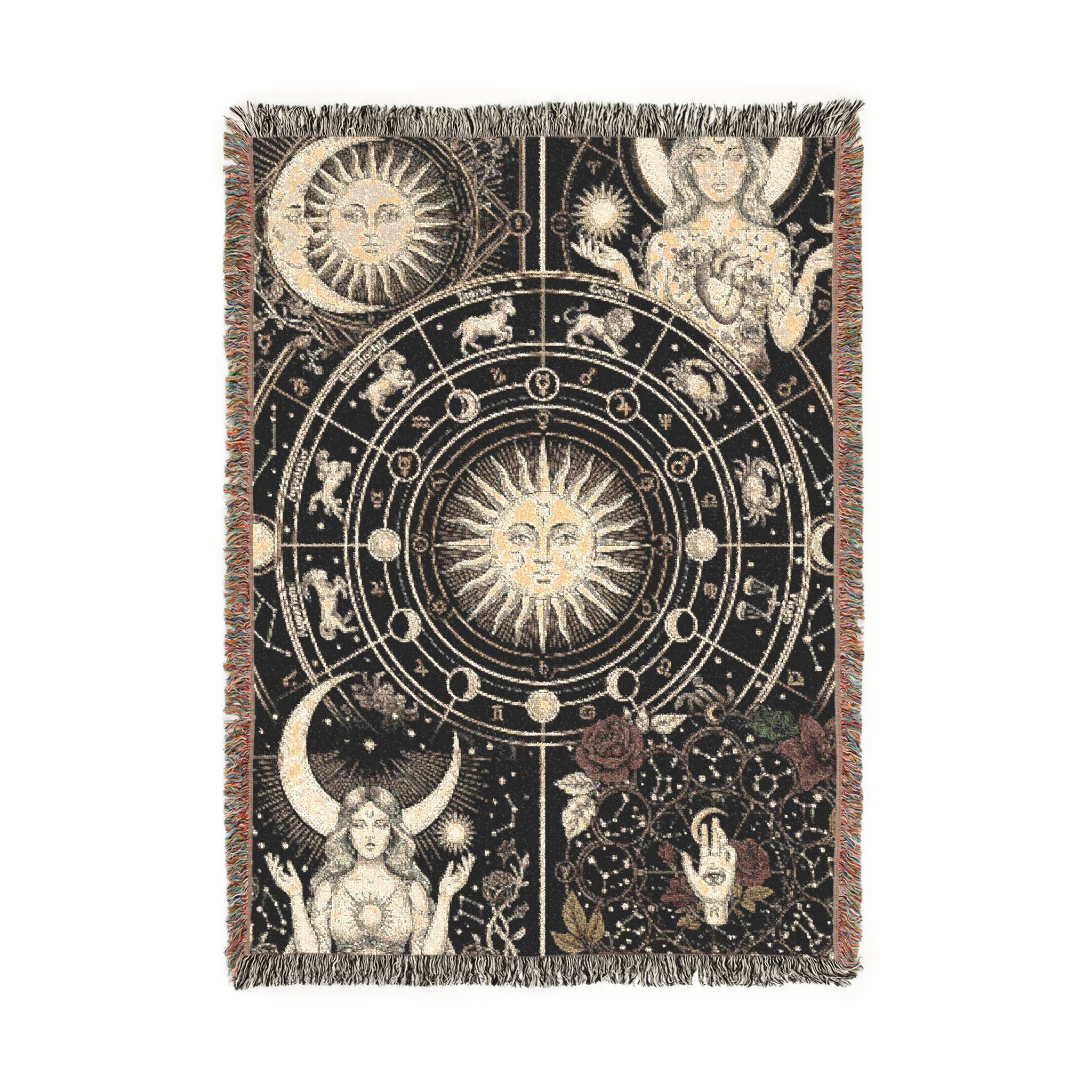 Vintage Celestial Zodiac Woven Throw Blanket Mystical Sun & Moon Tapestry