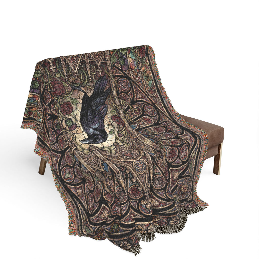 Gothic Raven Stained Glass Woven Throw Blanket  Dark Academia Tapestry