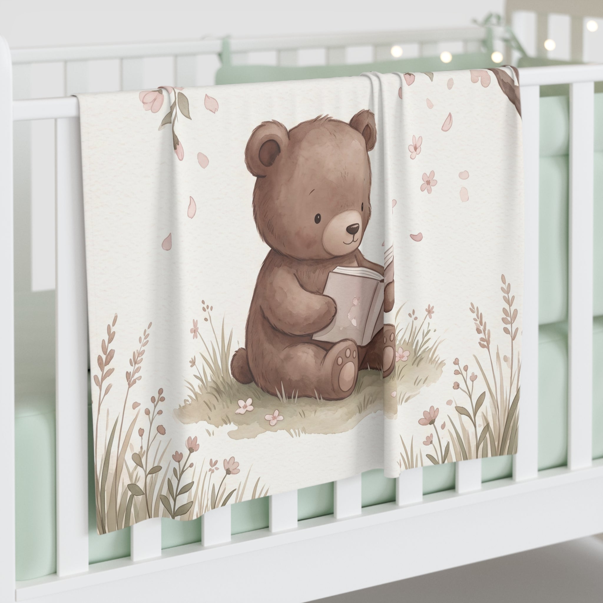 Watercolor Reading Bear Jersey Baby Swaddle Blanket Cherry Blossom Nursery Throw