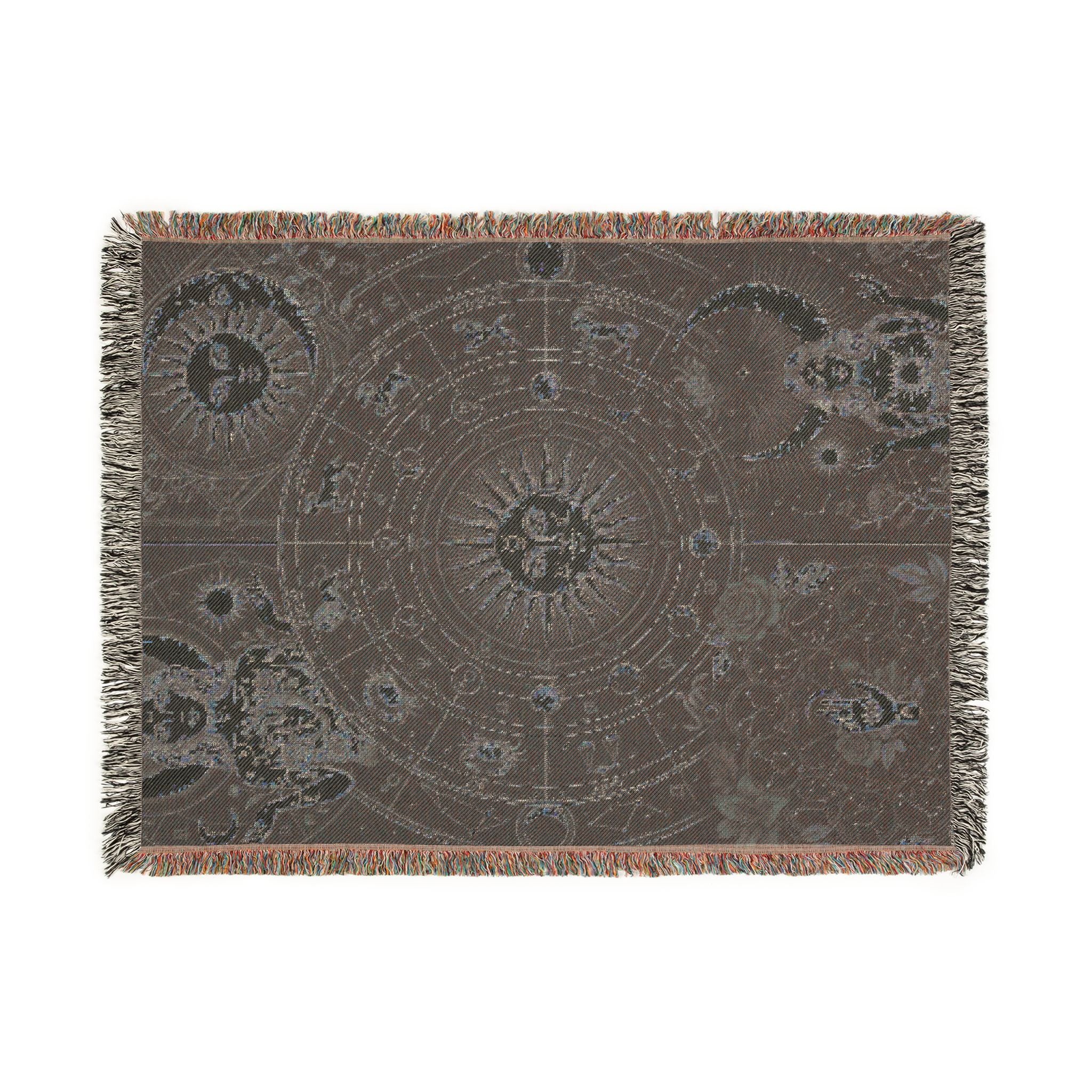 Vintage Celestial Zodiac Woven Throw Blanket Mystical Sun & Moon Tapestry