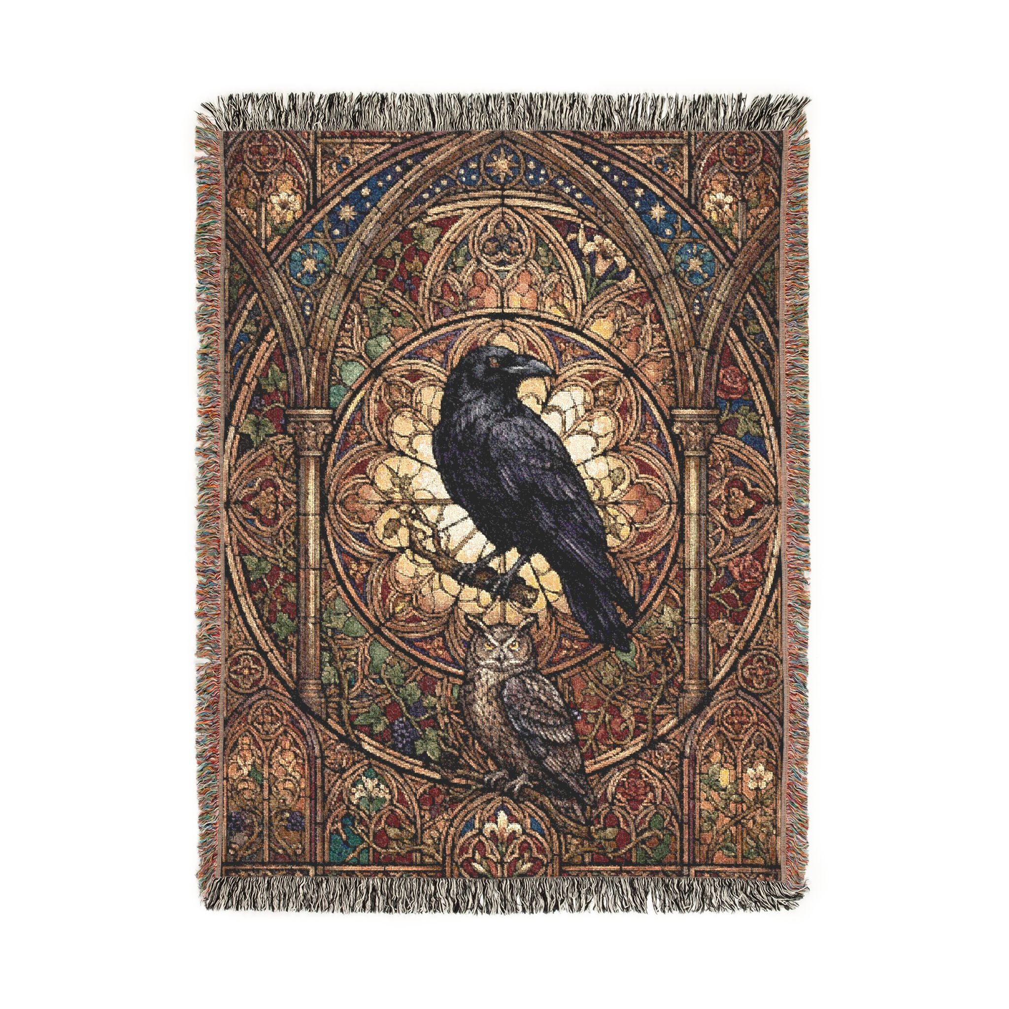 Gothic Raven & Owl Stained Glass Woven Throw Blanket Mystical Cathedral Tapestry
