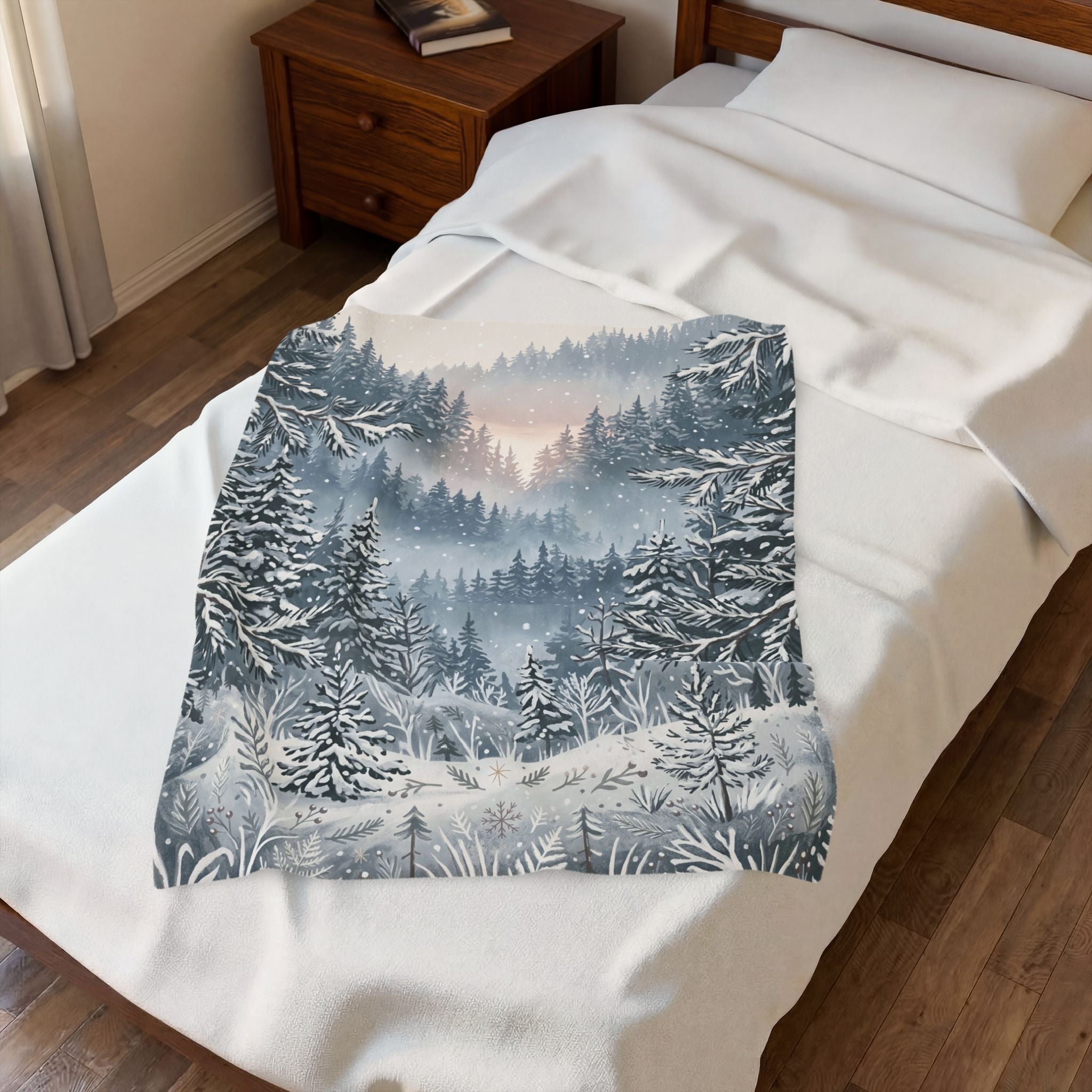 Serene Snowy Pine Forest Plush Throw Blanket Winter Wonderland Velvety Blanket
