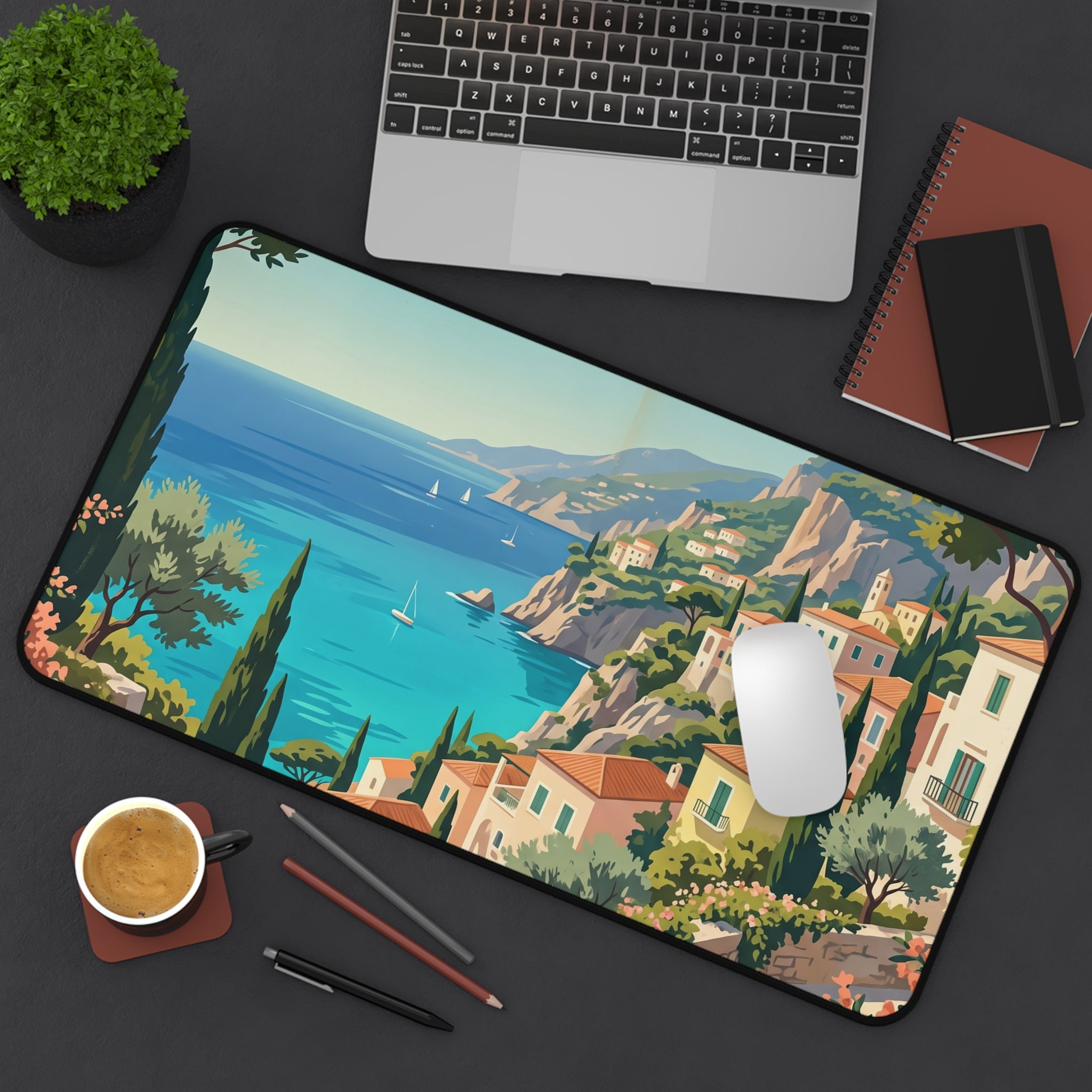 Mediterranean Coastal Village Desk Mat Vintage Italian Riviera Art Workspace Pad
