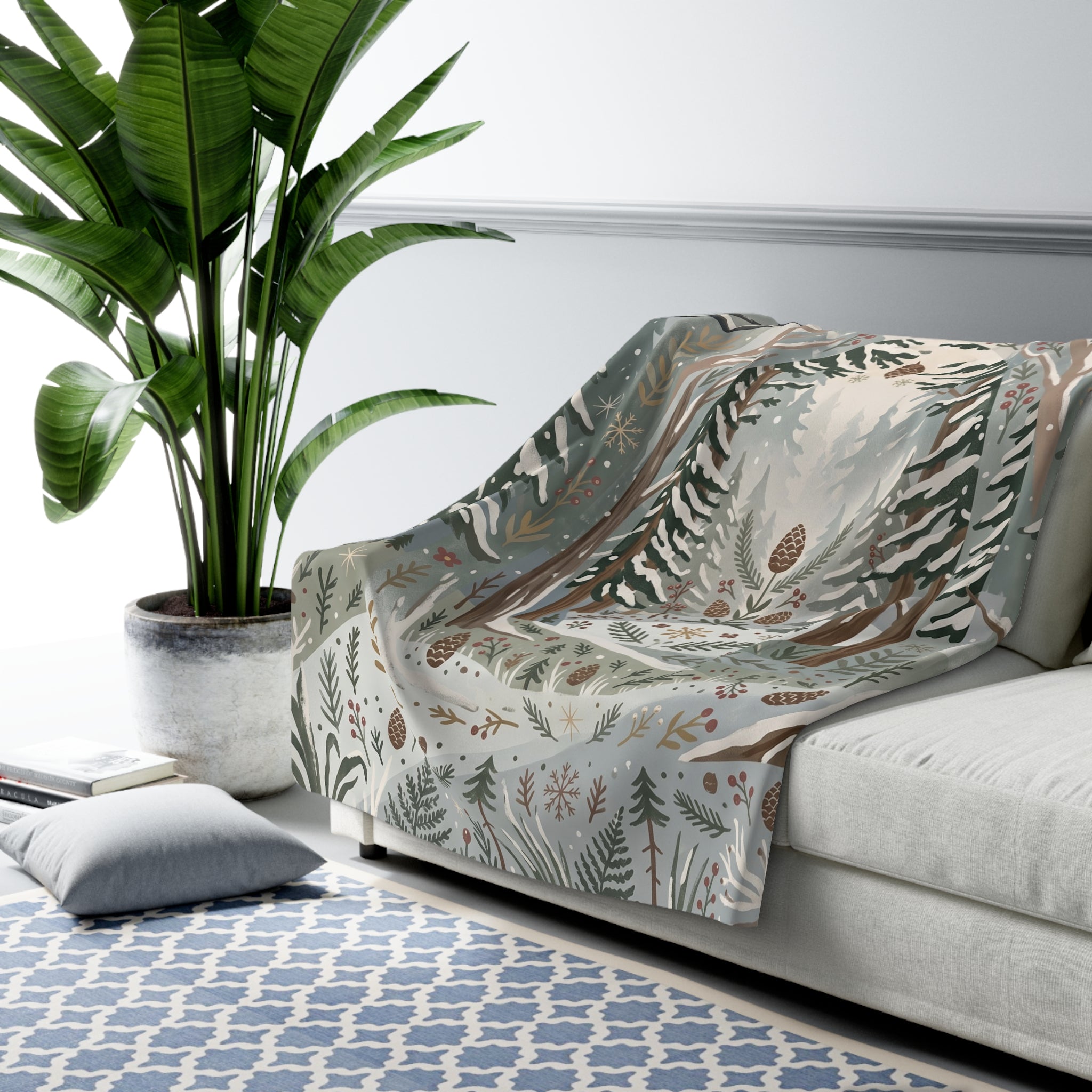 Serene Winter Woodland Sherpa Fleece Blanket Nordic Forest Cozy Throw