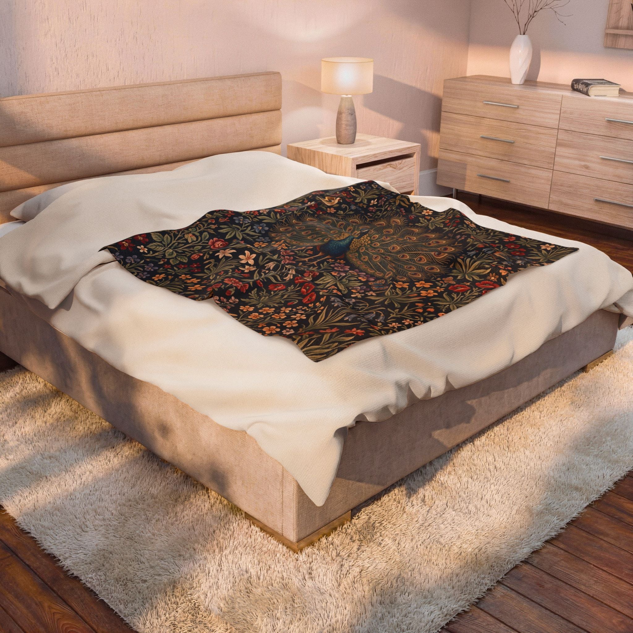 Vintage Peacock Millefleur Plush Velvety Throw Blanket Dark Floral Botanical
