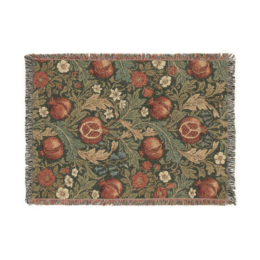 Vintage William Morris Pomegranate Woven Throw Blanket Olive Botanical Tapestry