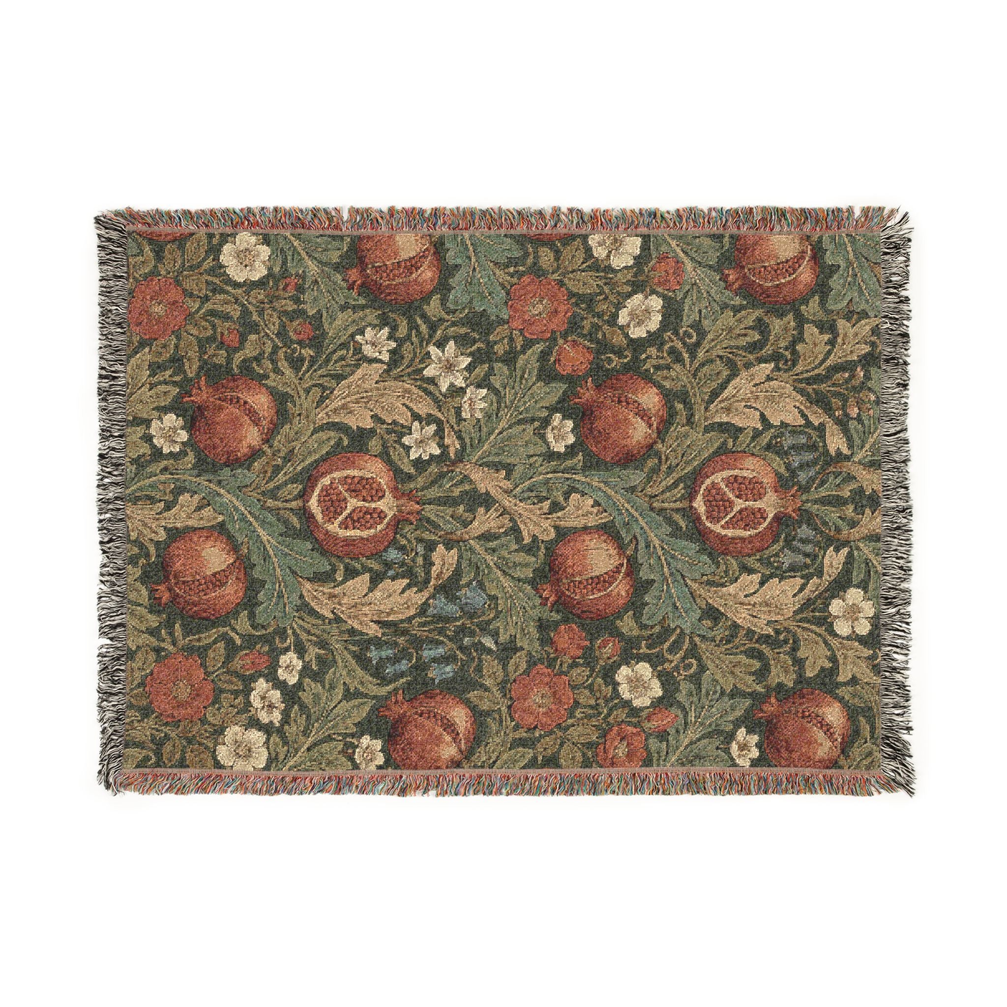 Vintage William Morris Pomegranate Woven Throw Blanket Olive Botanical Tapestry