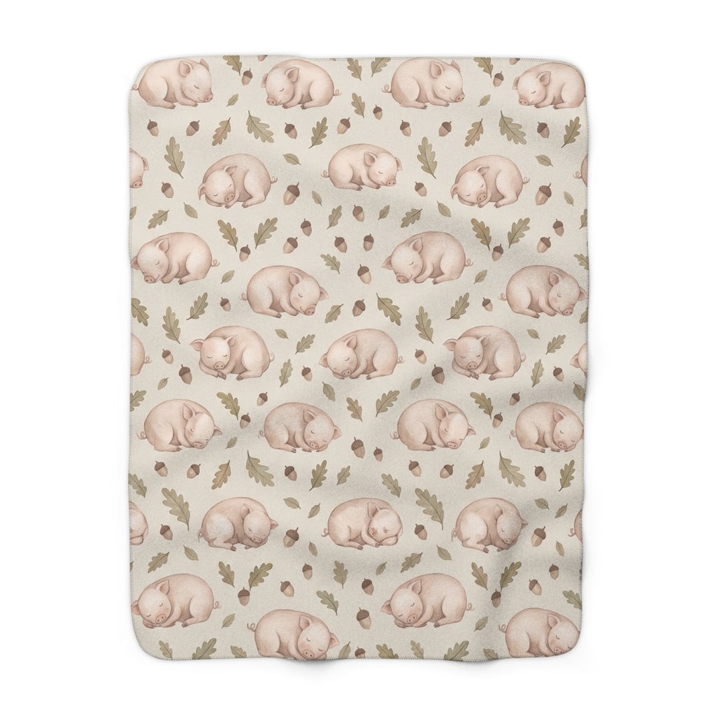 Watercolor Sleeping Piglet & Acorn Sherpa Fleece Blanket Farmhouse Nursery Throw