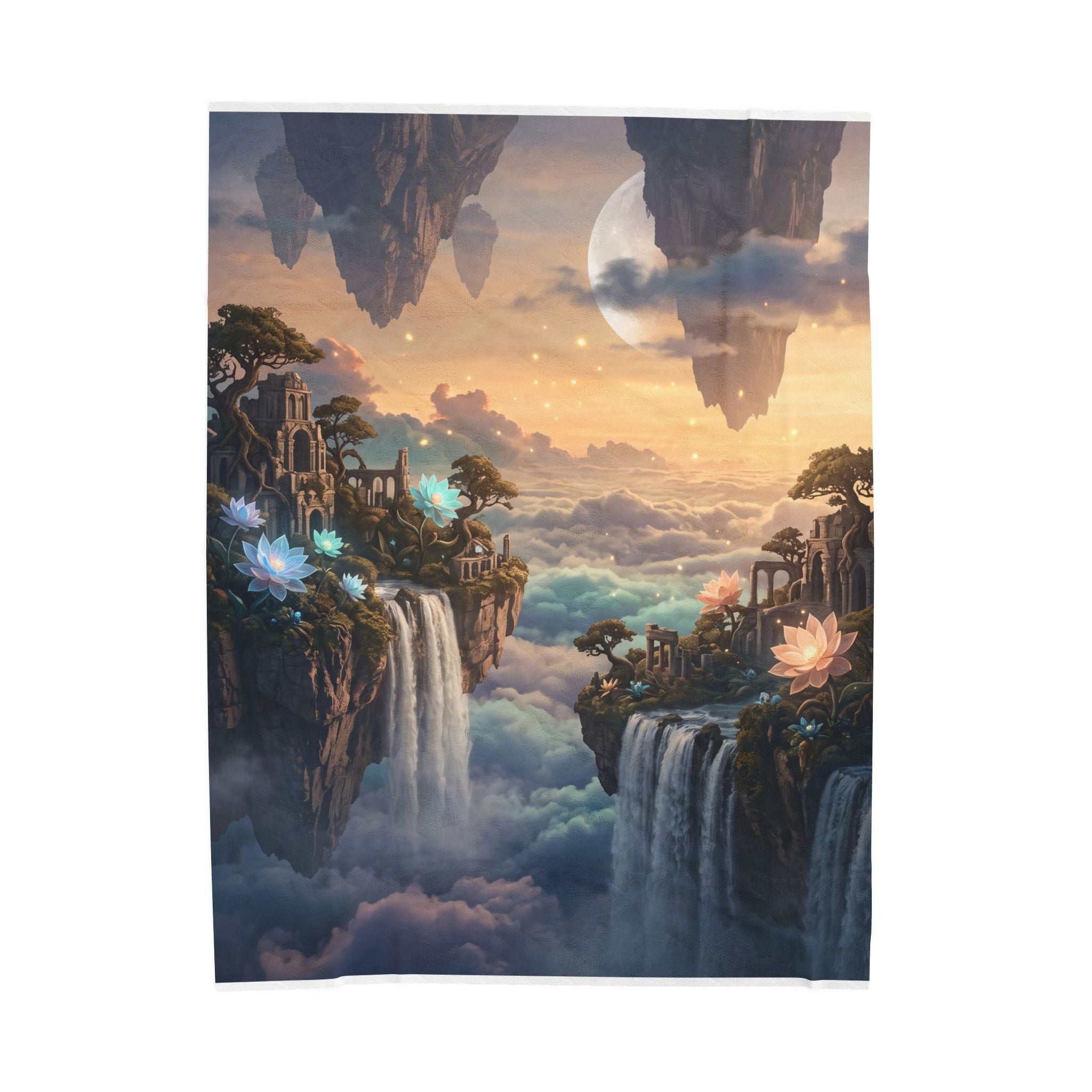 Fantasy Floating Island Plush Throw Blanket Dreamy Lotus Waterfall Velvety Blanket
