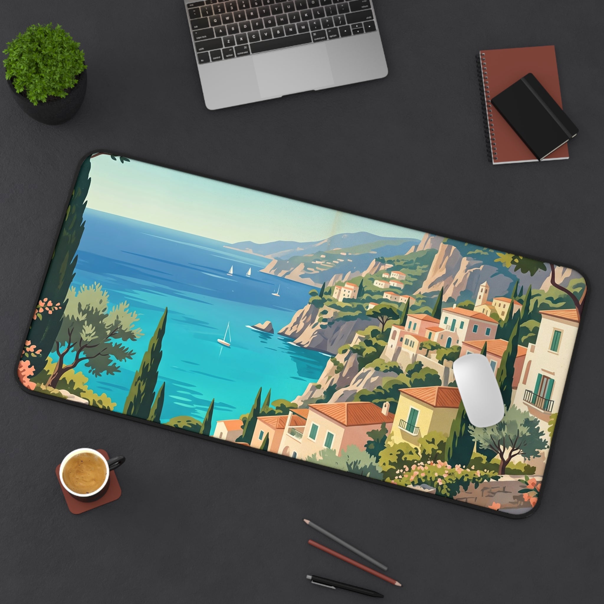 Mediterranean Coastal Village Desk Mat Vintage Italian Riviera Art Workspace Pad