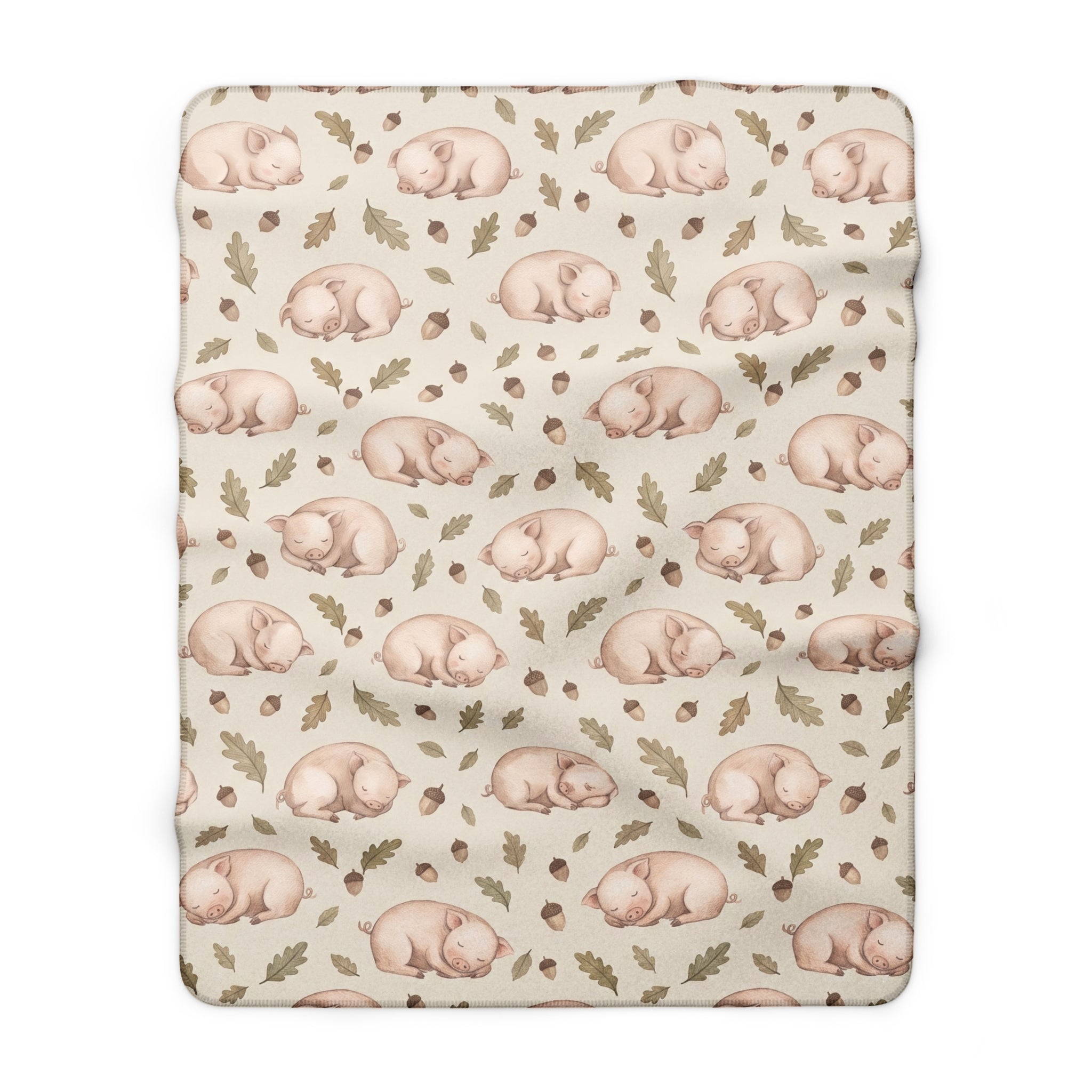 Watercolor Sleeping Piglet & Acorn Sherpa Fleece Blanket Farmhouse Nursery Throw