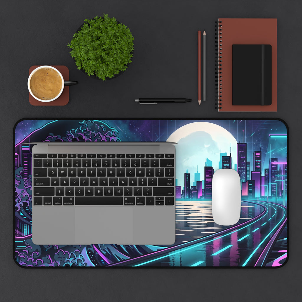 Neon Synthwave Great Wave Desk Mat Cyberpunk Cityscape Gaming Pad