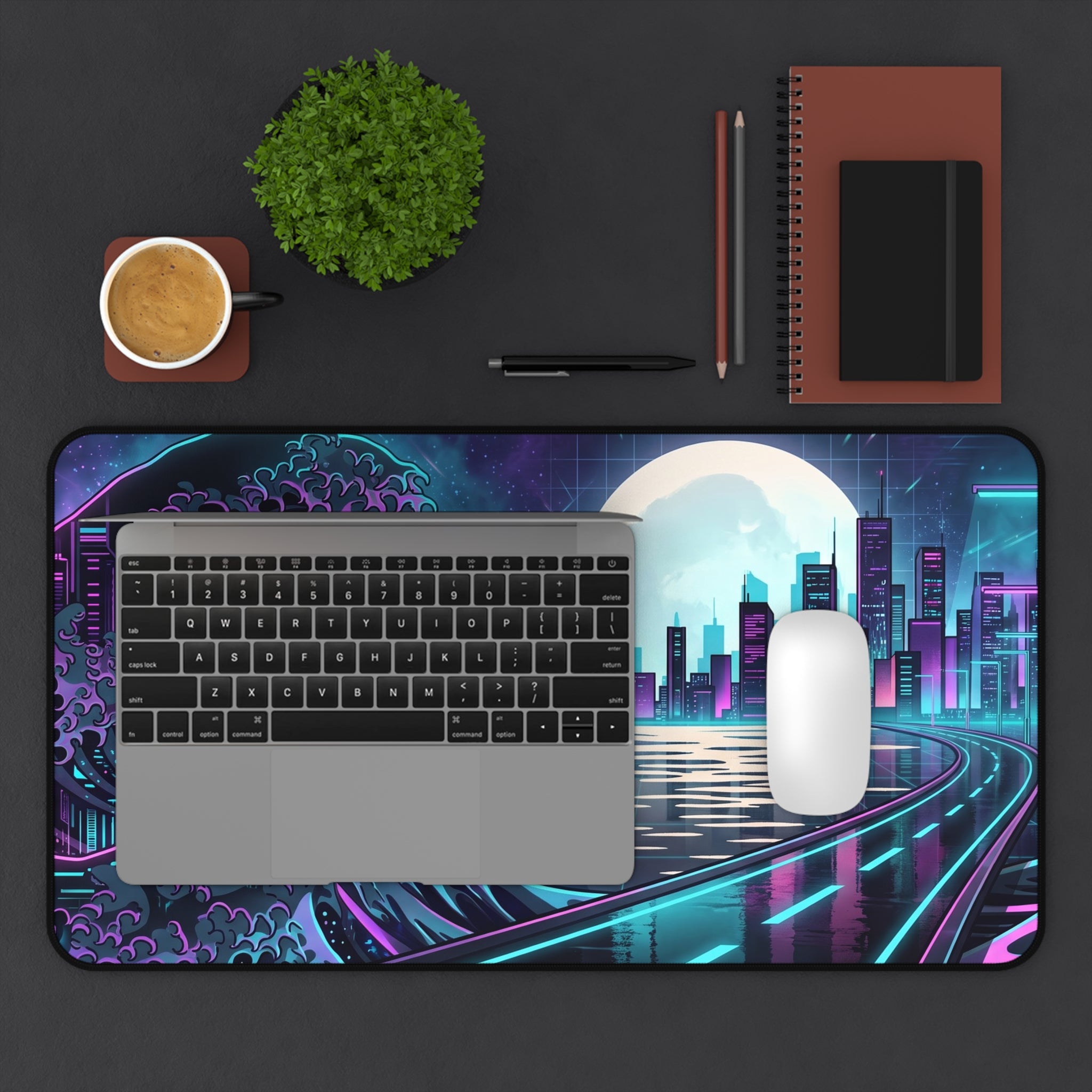Neon Synthwave Great Wave Desk Mat Cyberpunk Cityscape Gaming Pad