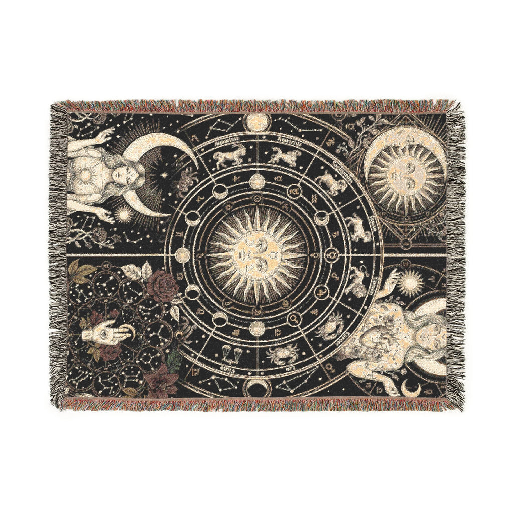 Vintage Celestial Zodiac Woven Throw Blanket Mystical Sun & Moon Tapestry