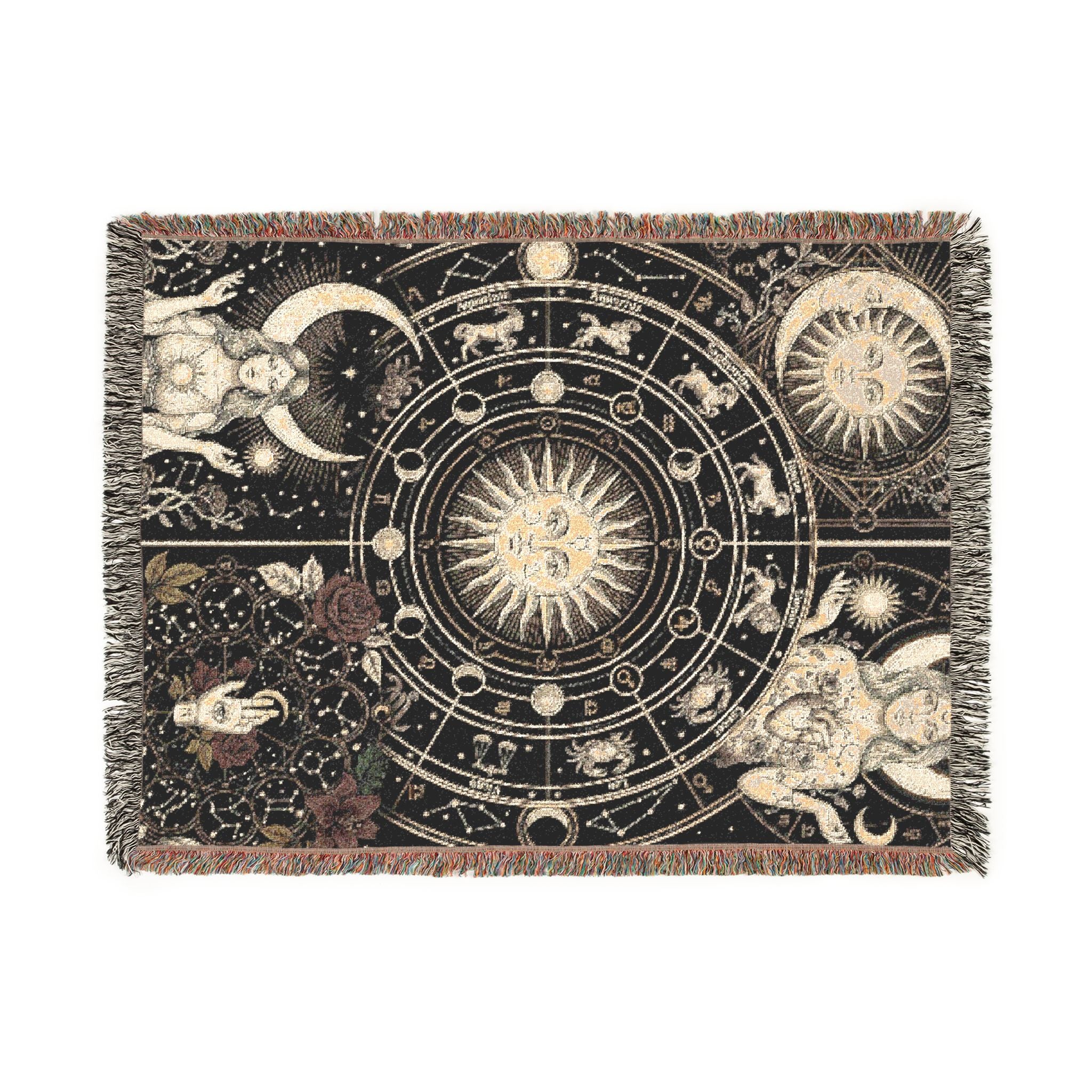 Vintage Celestial Zodiac Woven Throw Blanket Mystical Sun & Moon Tapestry