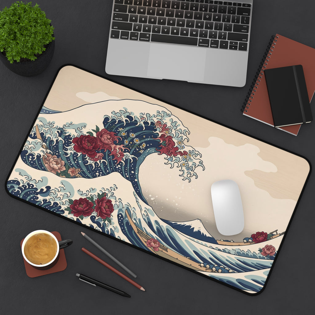 Floral Great Wave Desk Mat Botanical Kanagawa Ukiyo-e Art Aesthetic Pad