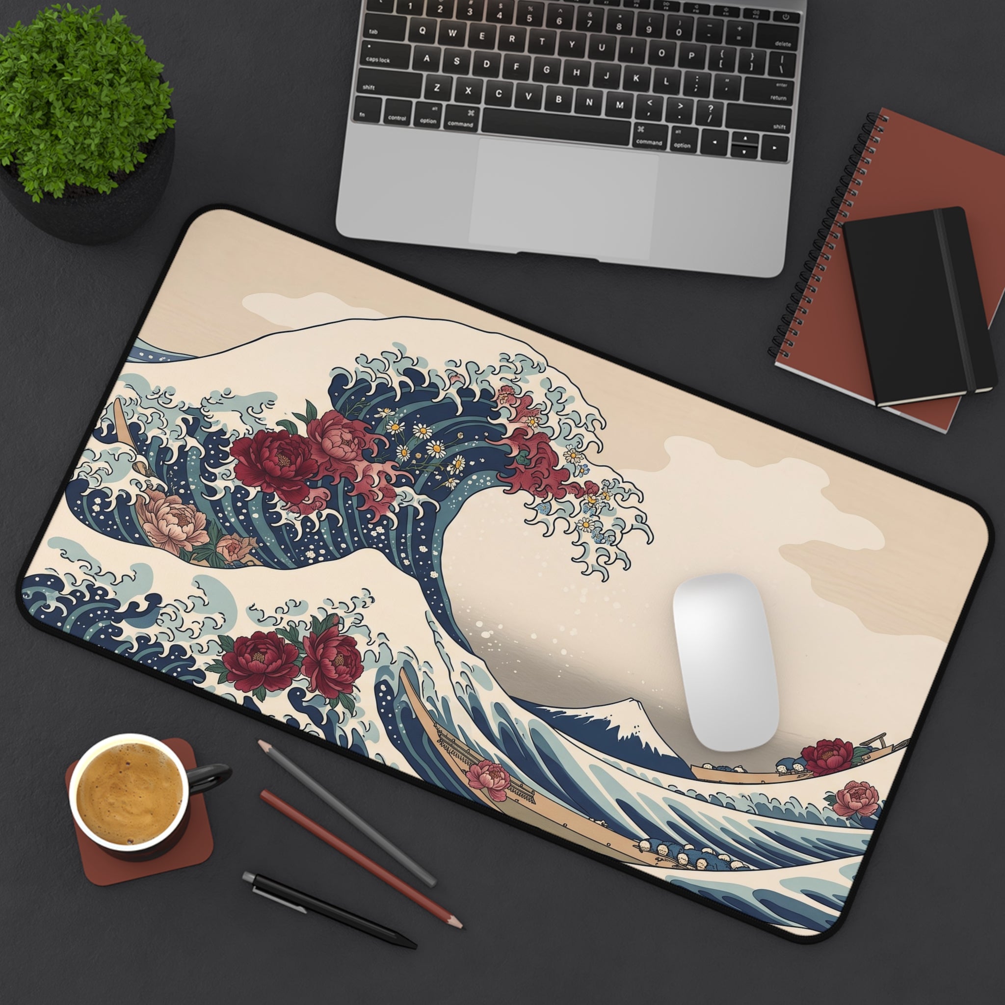 Floral Great Wave Desk Mat Botanical Kanagawa Ukiyo-e Art Aesthetic Pad