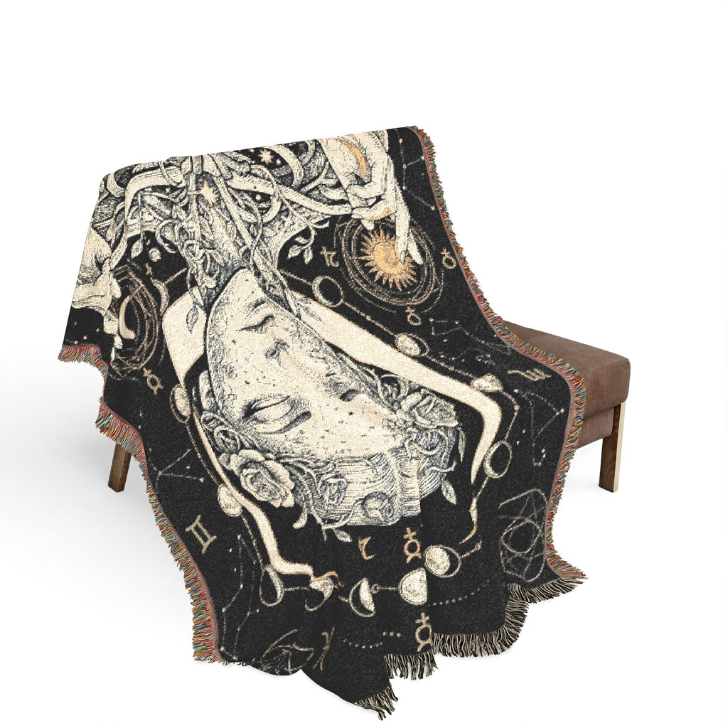 Mystical Celestial Goddess Woven Throw Blanket Dark Macabre Botanical Tapestry