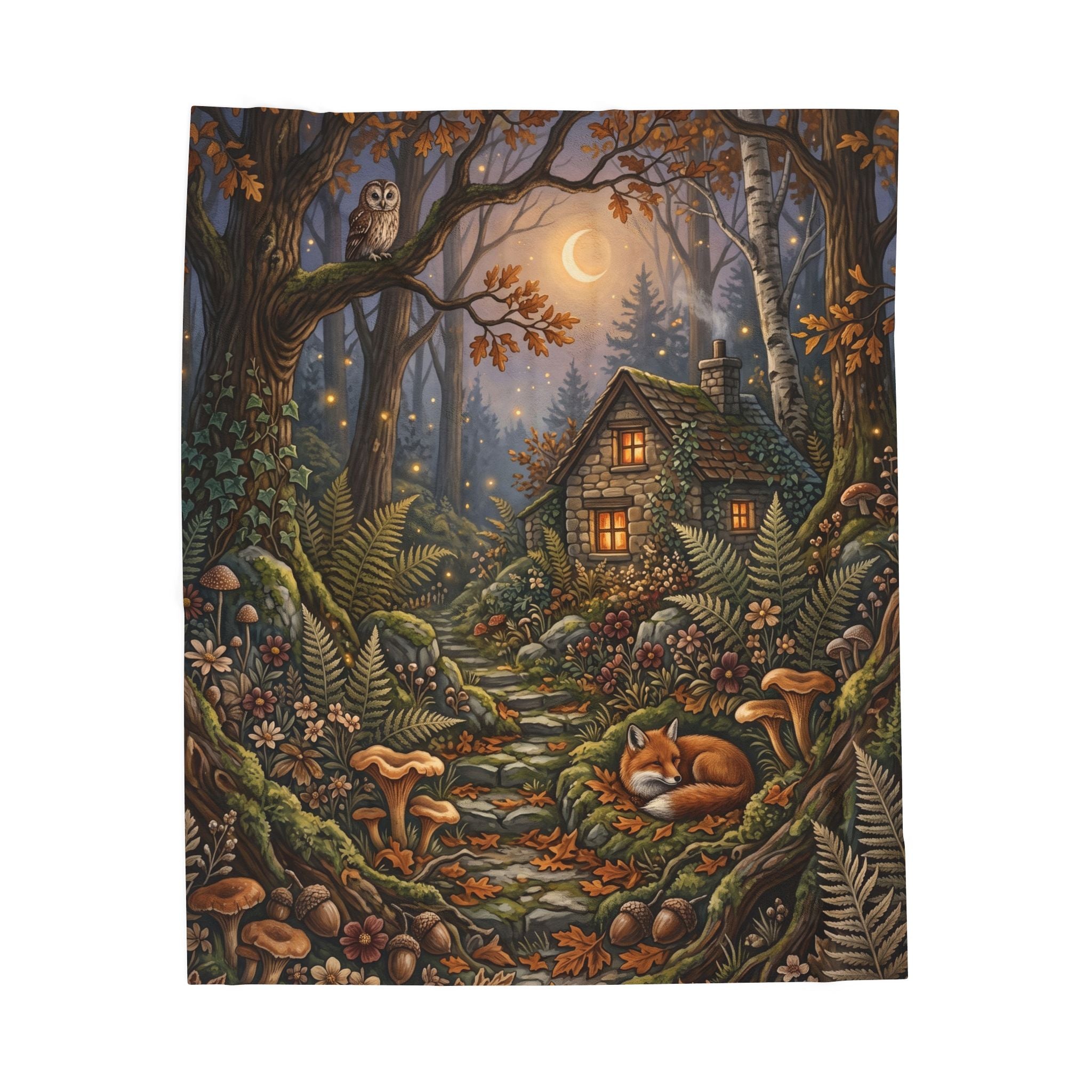 Cozy Autumn Woodland Cottage Plush Throw Blanket Fairycore Fox Velvety Blanket