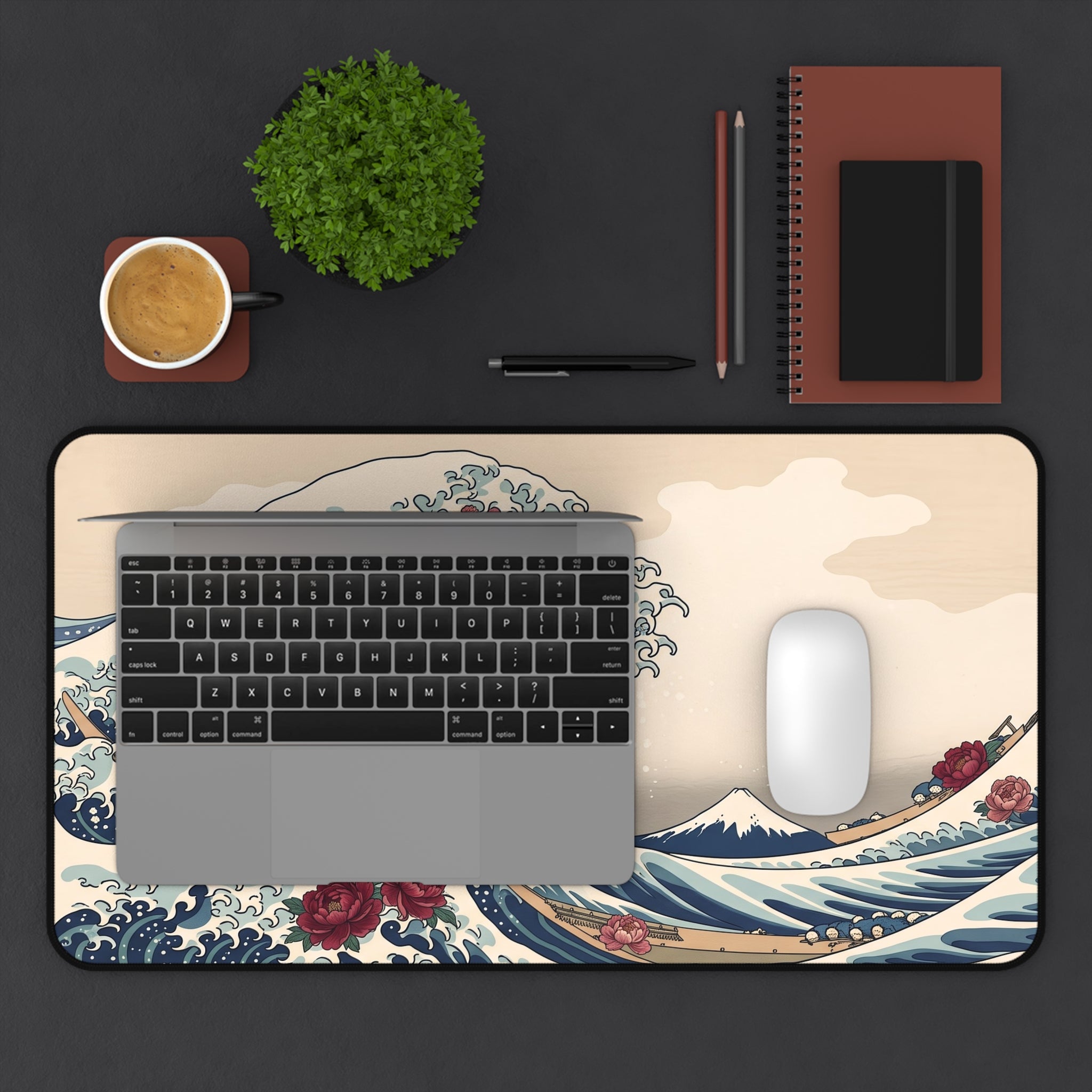 Floral Great Wave Desk Mat Botanical Kanagawa Ukiyo-e Art Aesthetic Pad