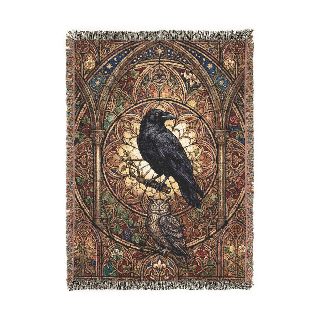 Gothic Raven & Owl Stained Glass Woven Throw Blanket Mystical Cathedral Tapestry