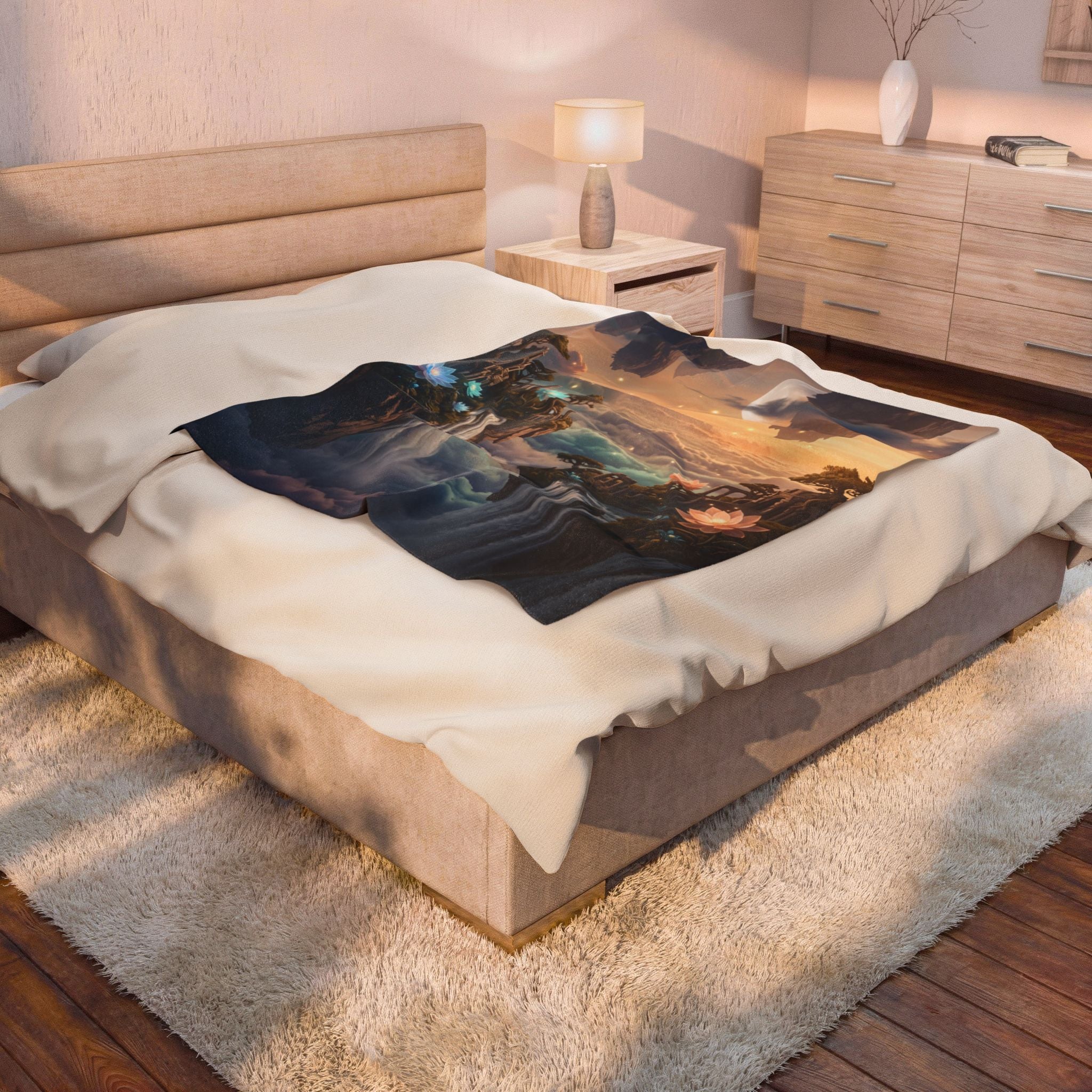 Fantasy Floating Island Plush Throw Blanket Dreamy Lotus Waterfall Velvety Blanket
