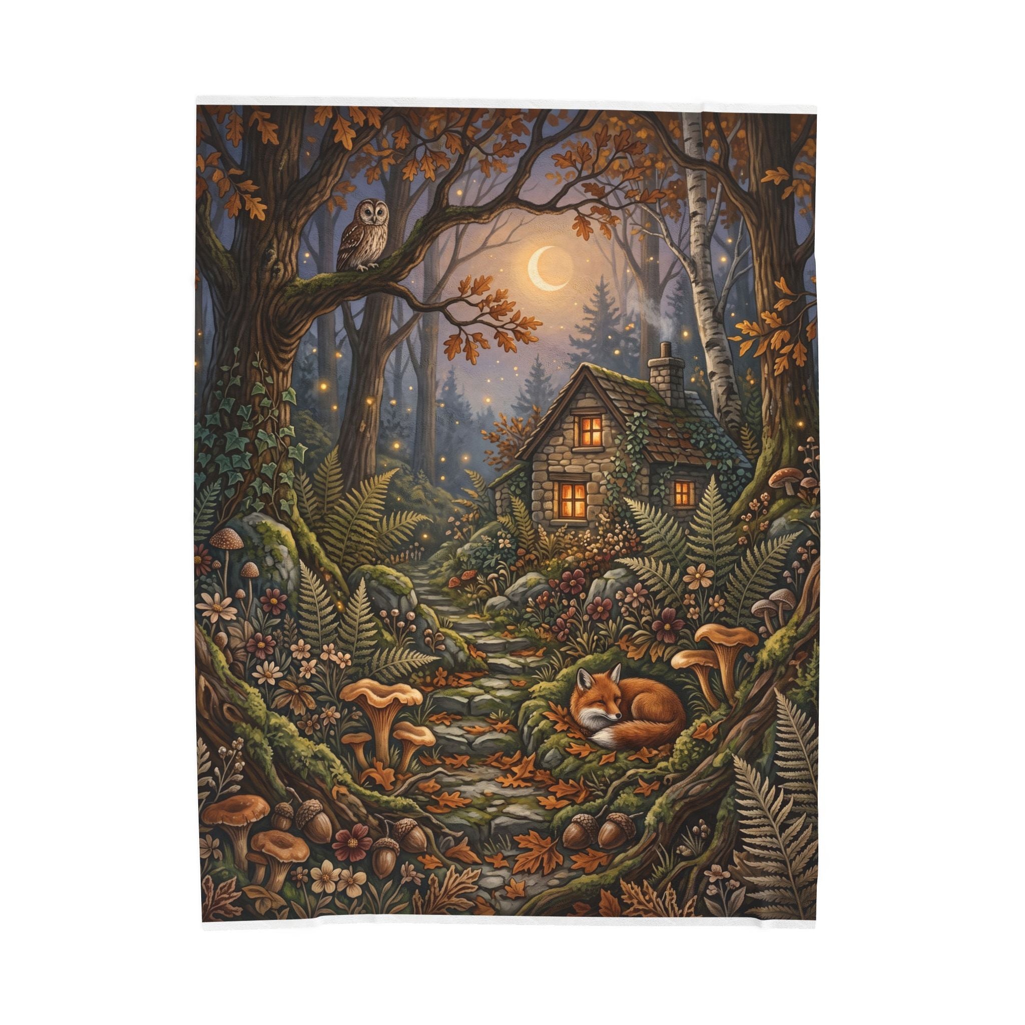 Cozy Autumn Woodland Cottage Plush Throw Blanket Fairycore Fox Velvety Blanket