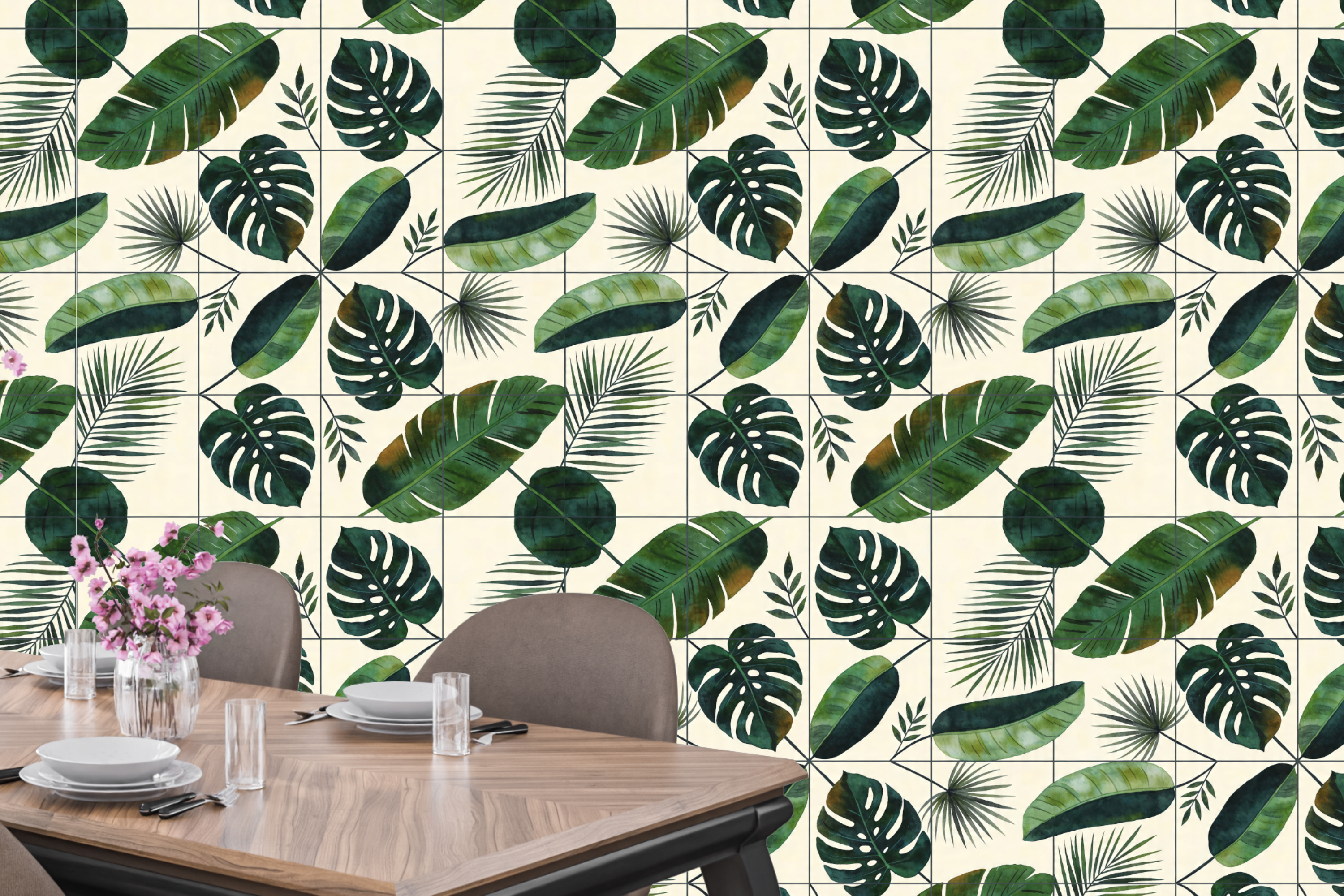 Tropical Leaf Wallpaper | Monstera & Palm Botanical Print