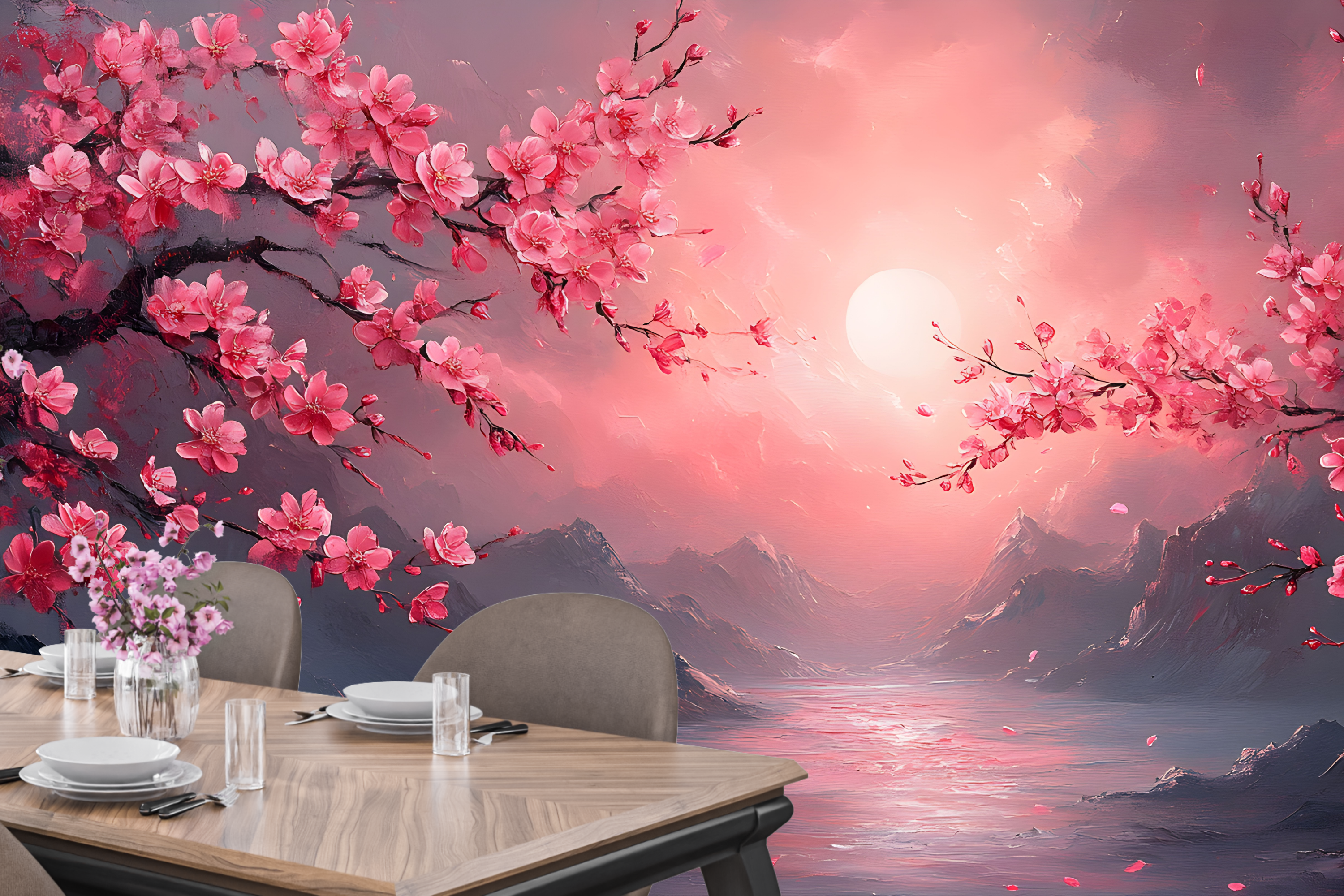 Cherry Blossom Mountain Sunset Wall Mural | Pink Japanese Oil Painting Design