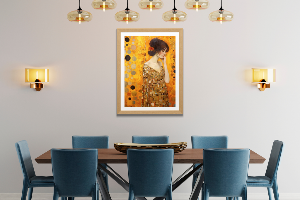 Framed Klimt-style Golden Woman portrait in a formal, traditional dining setting
