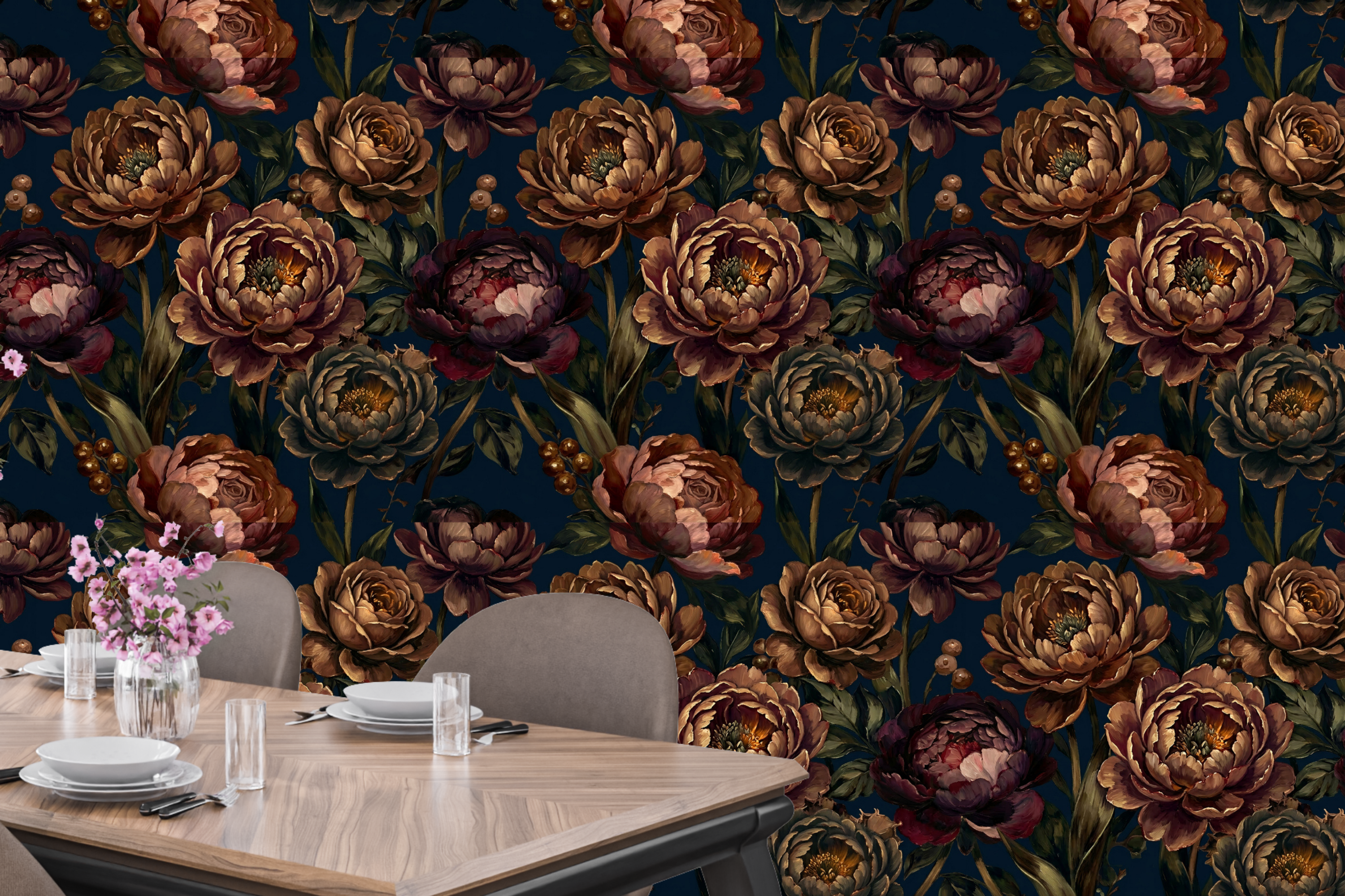 Moody Vintage Peony Wall Mural Dark Floral Wallpaper