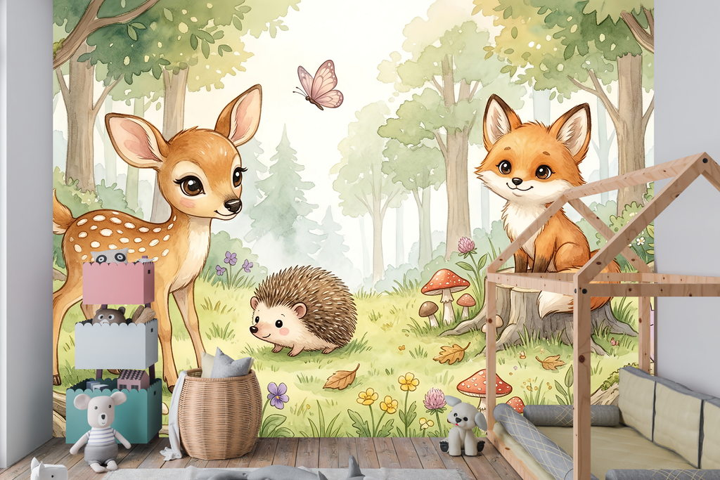 Woodland Animals Wall Mural | Watercolour Deer Fox Hedgehog Nursery Design