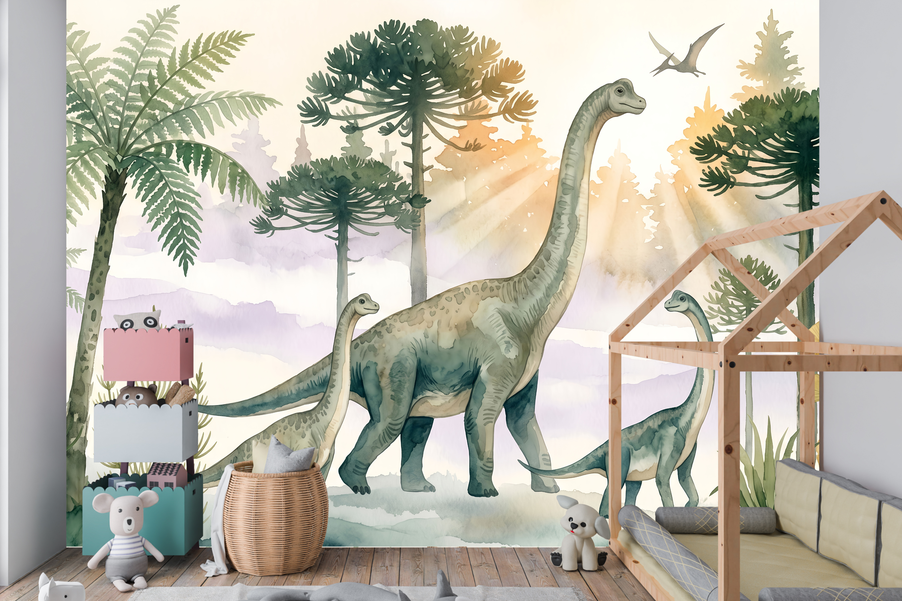 Watercolour dinosaur nursery wall mural featuring a gentle brachiosaurus family of three walking through a prehistoric landscape of tree ferns, araucaria conifers, golden ginkgo leaves, with a pterodactyl overhead and lavender misty mountains with golden sunbeams on soft ivory ground — premium nursery mural by WallpaperPixi