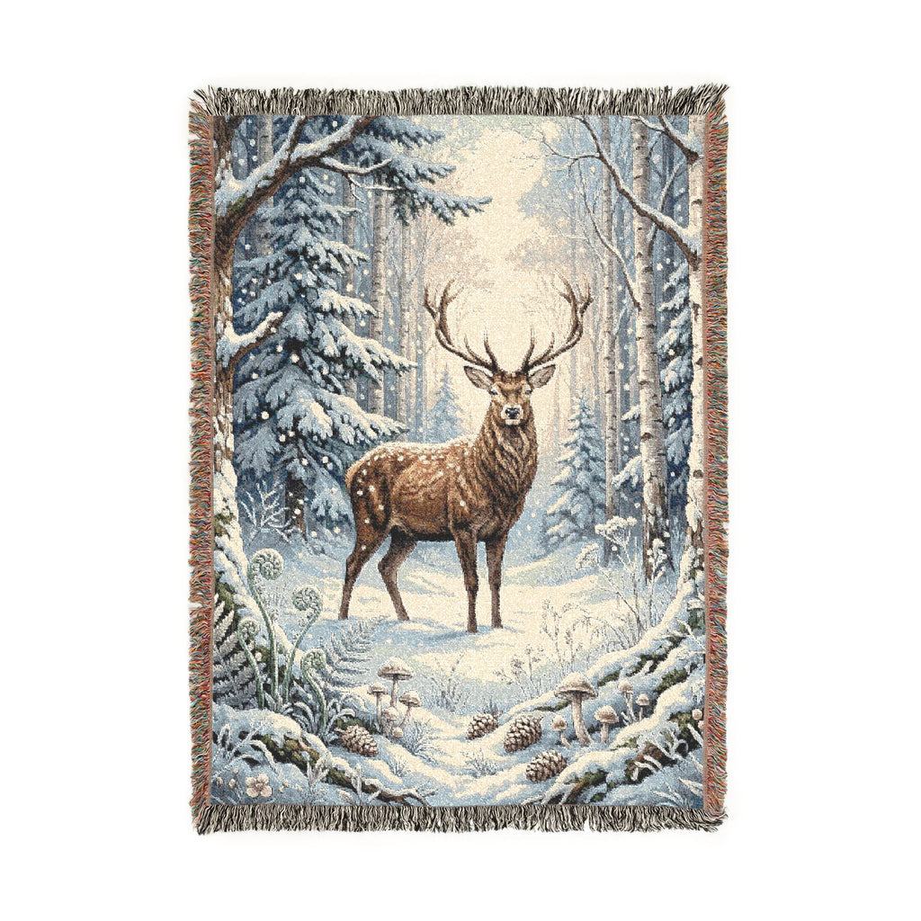 Winter Woodland Stag Woven Throw Blanket Rustic Snow Scene Tapestry