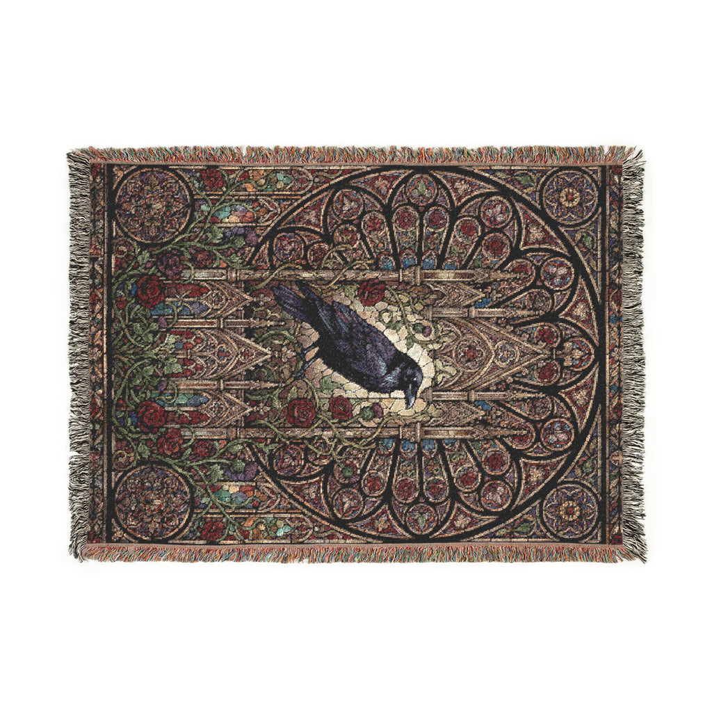 Gothic Raven Stained Glass Woven Throw Blanket  Dark Academia Tapestry