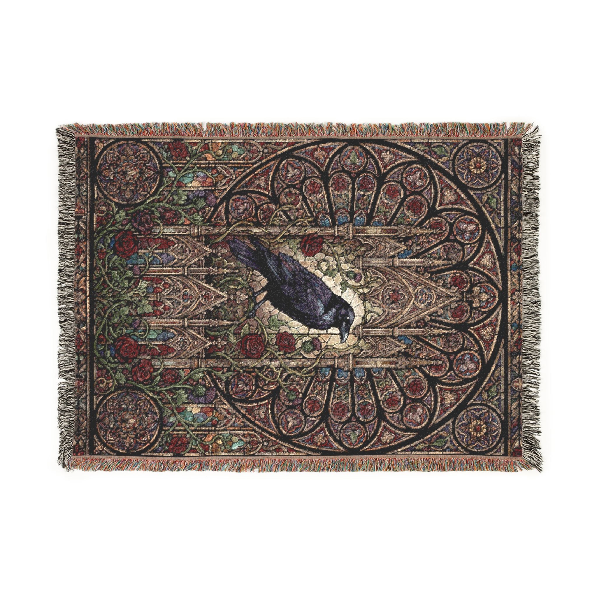 Gothic Raven Stained Glass Woven Throw Blanket  Dark Academia Tapestry
