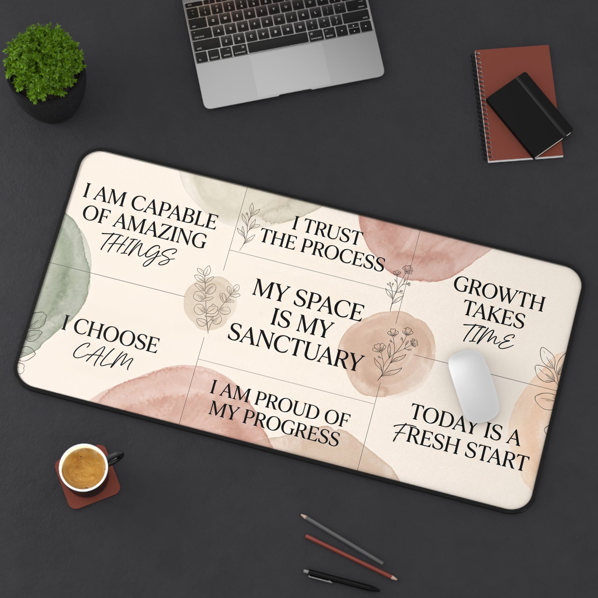 Pastel Watercolor Affirmations Desk Mat "I Choose Calm" Botanical Art Aesthetic Pad