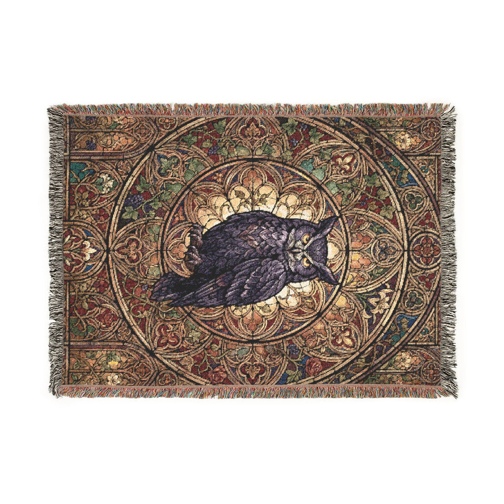 Gothic Owl Stained Glass Woven Throw Blanket Mystical Cathedral Tapestry
