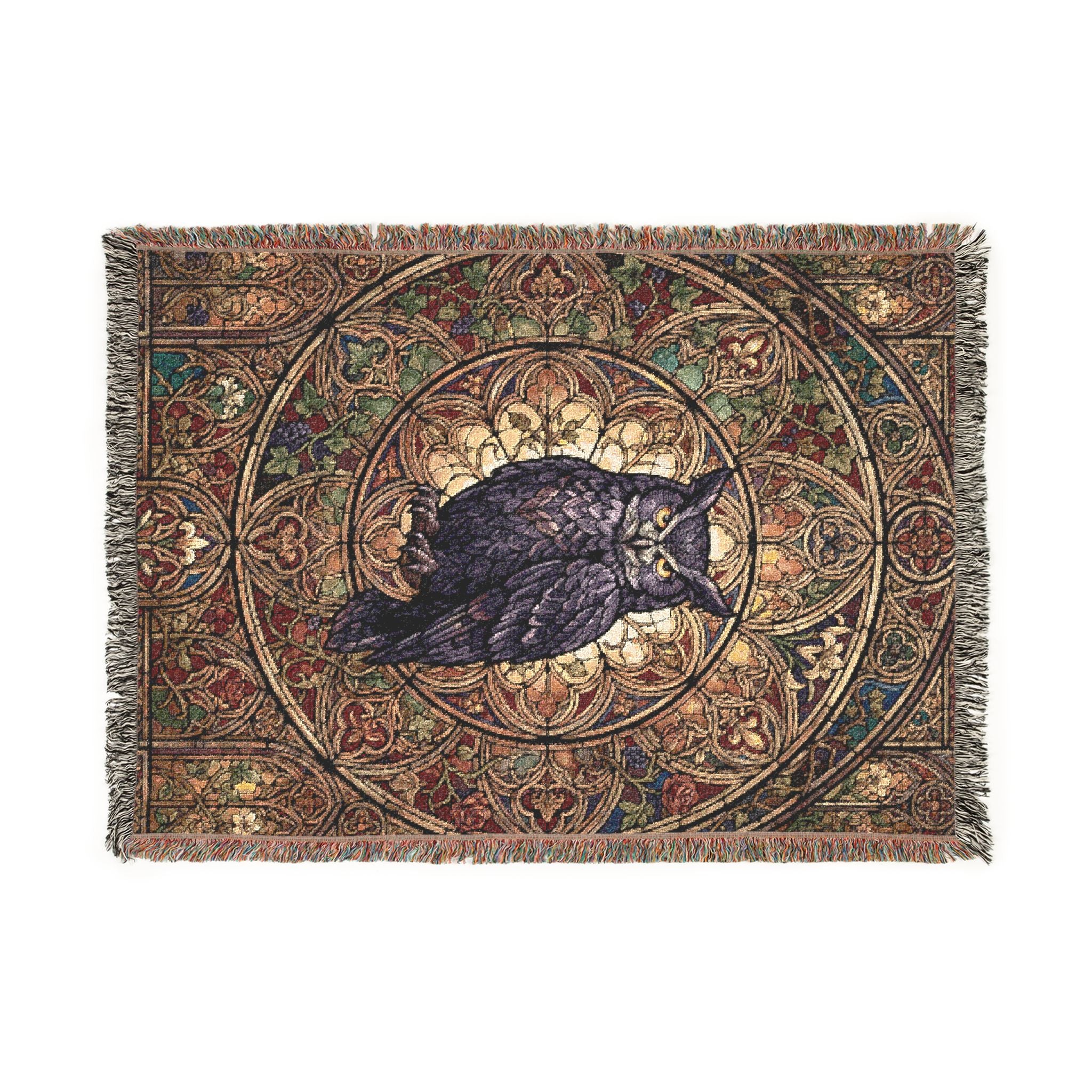 Gothic Owl Stained Glass Woven Throw Blanket Mystical Cathedral Tapestry