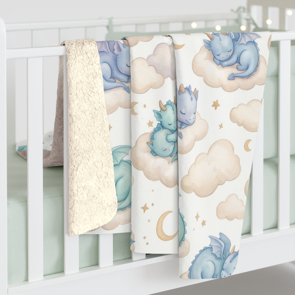 Pastel Sleeping Dragon & Cloud Sherpa Fleece Blanket Dreamy Nursery Throw