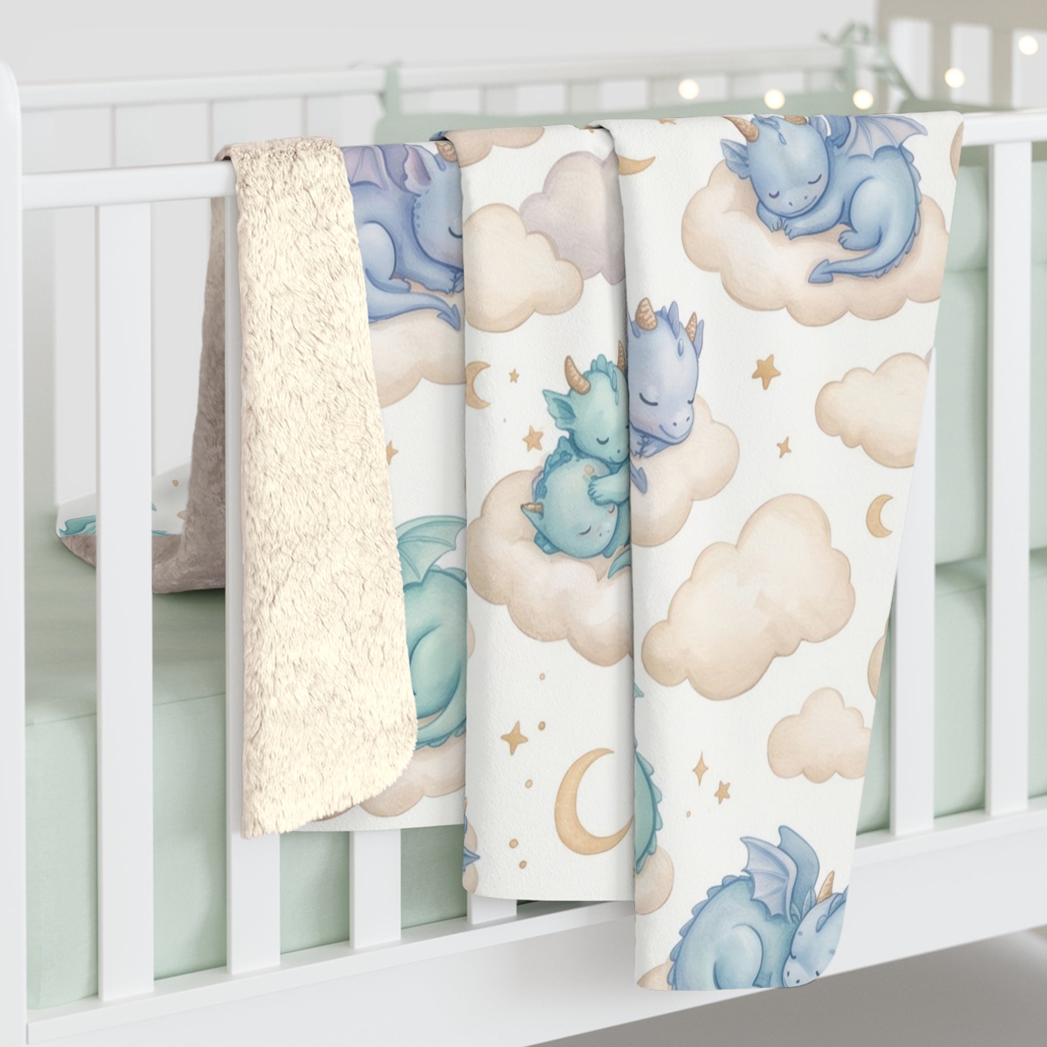 Pastel Sleeping Dragon & Cloud Sherpa Fleece Blanket Dreamy Nursery Throw