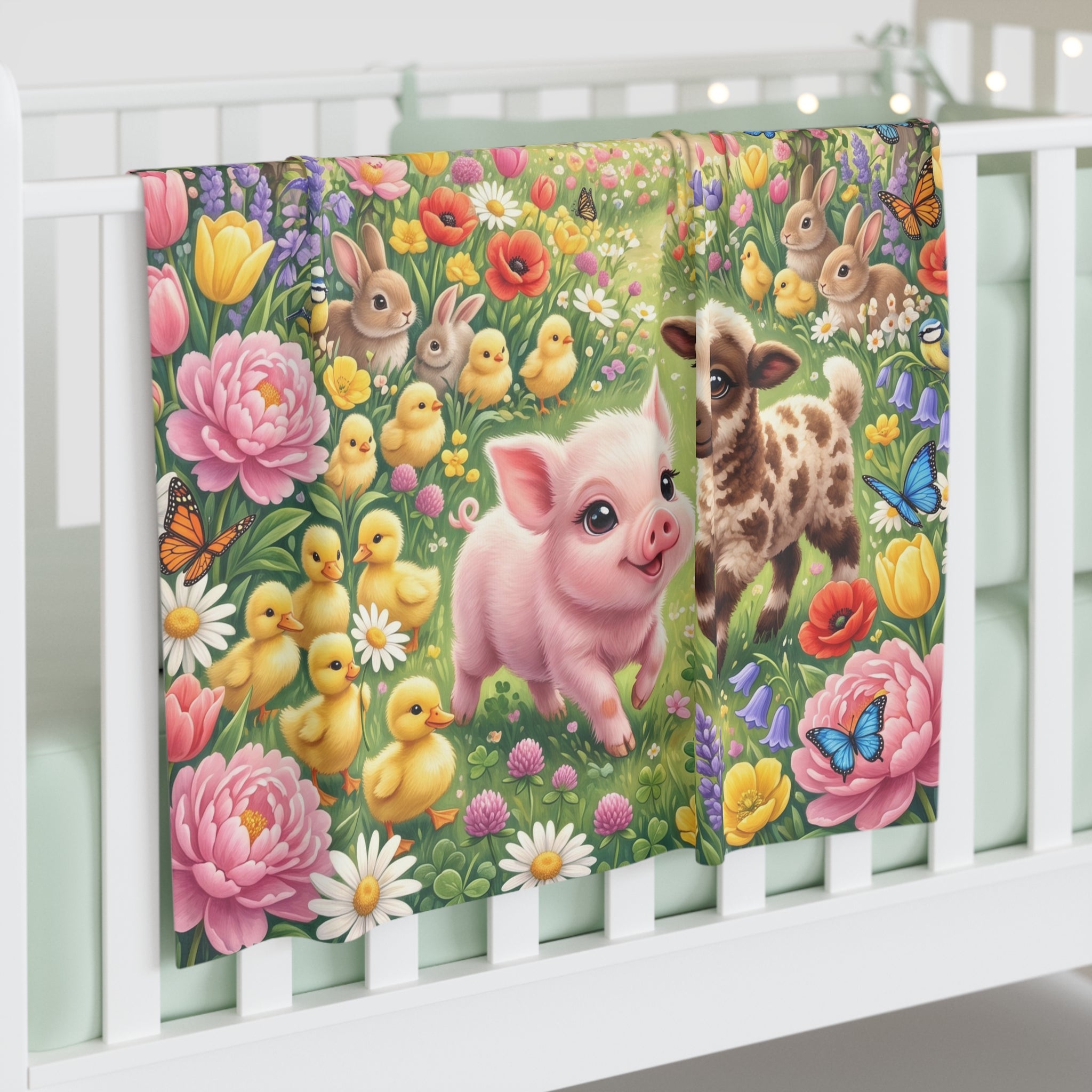 Storybook Spring Farm Animals Jersey Baby Swaddle Blanket Meadow Nursery Throw