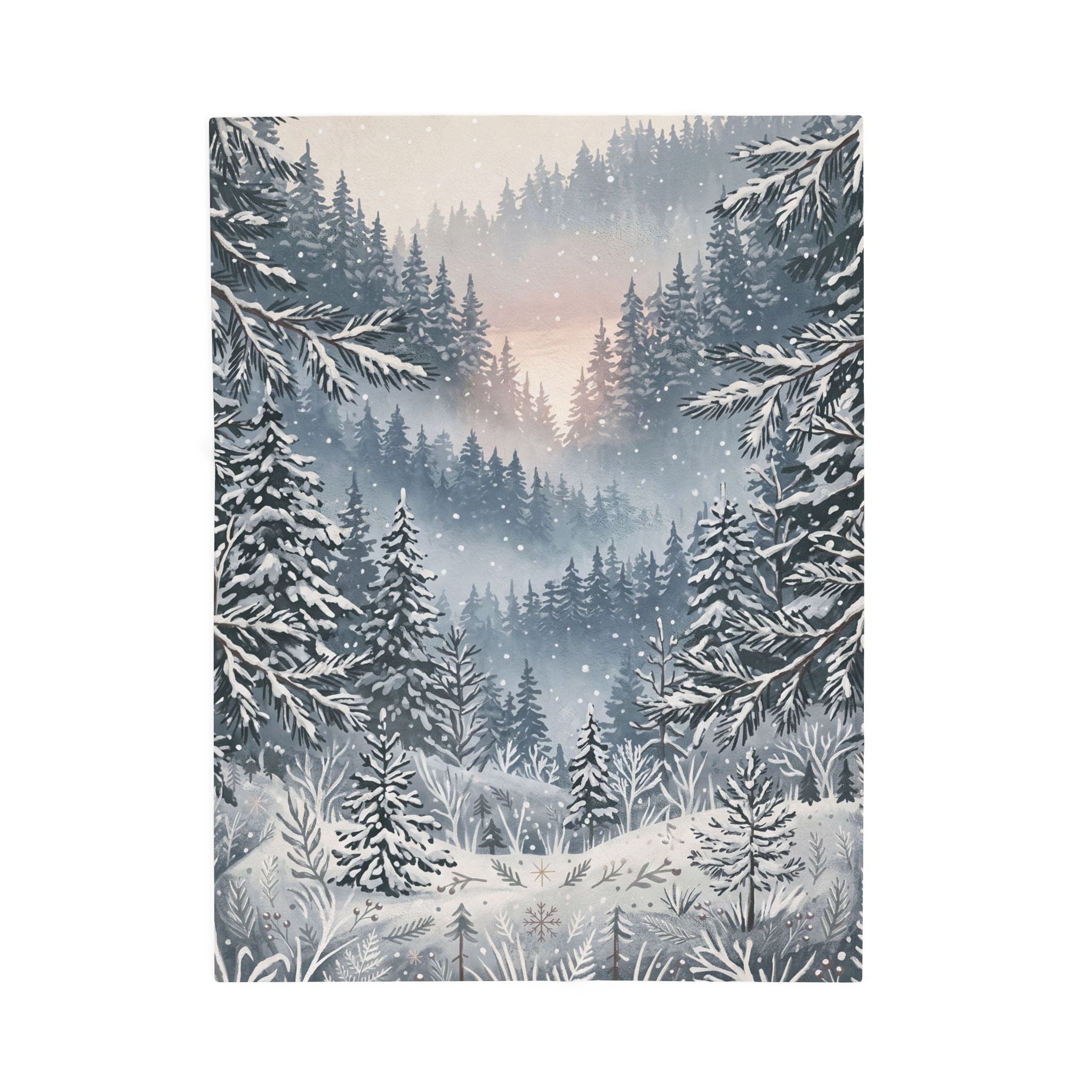 Serene Snowy Pine Forest Plush Throw Blanket Winter Wonderland Velvety Blanket